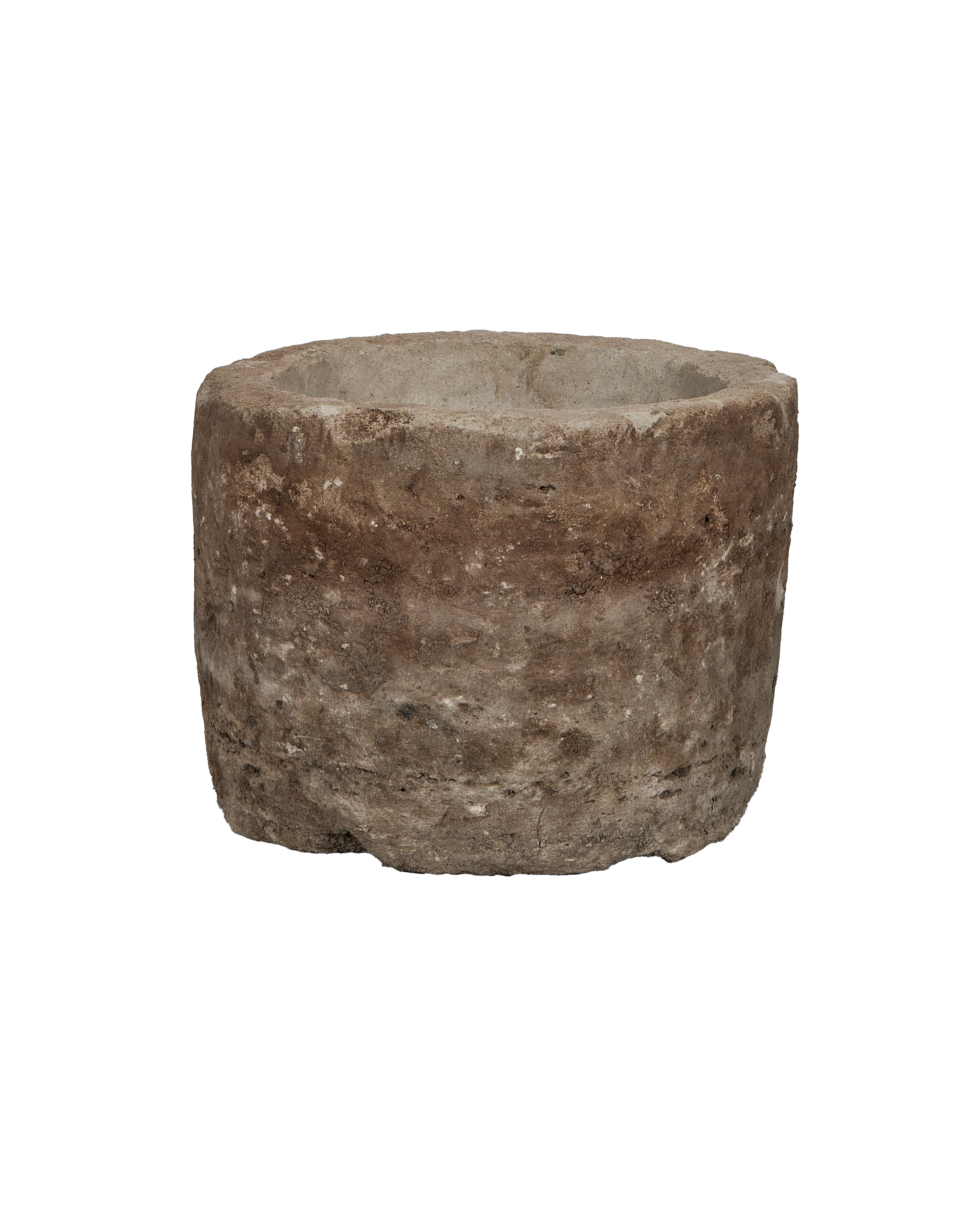 Vintage Indonesian round limestone trough, earthy brown with rough, weathered texture.