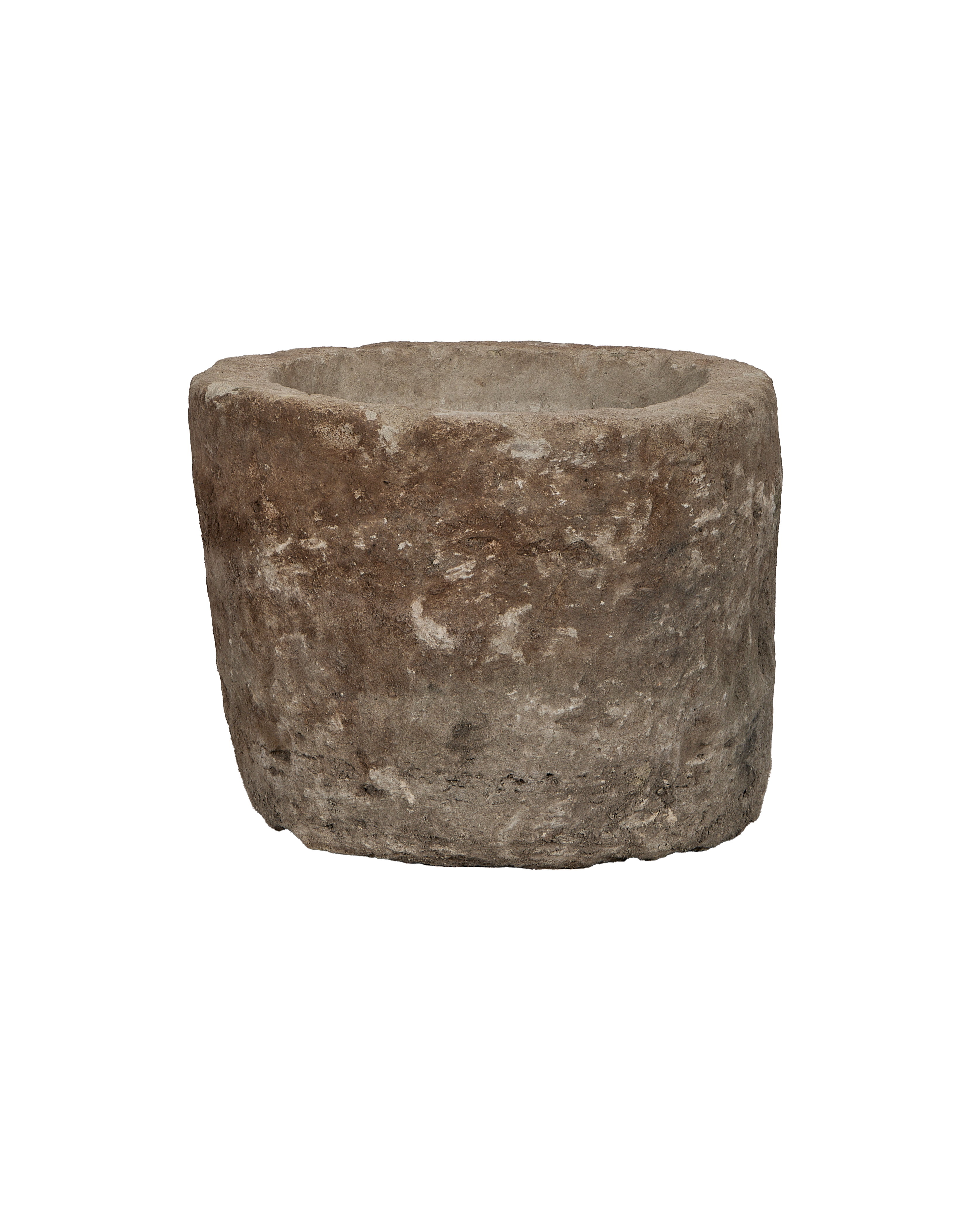 Vintage Indonesian round limestone trough, showcasing textured exterior and rustic, weathered condition.