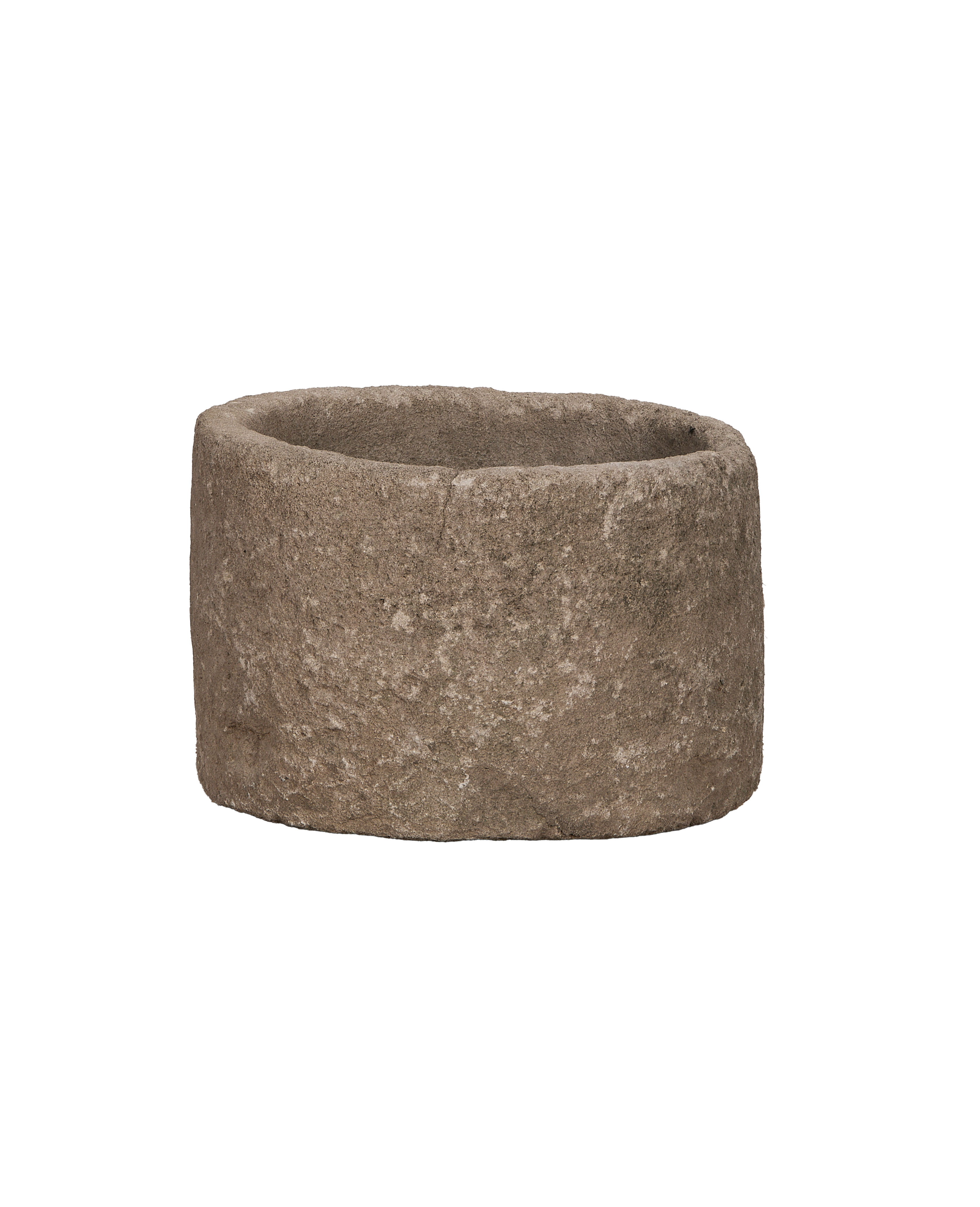 Vintage round Indonesian limestone trough, OAK style, with weathered gray-brown surface.