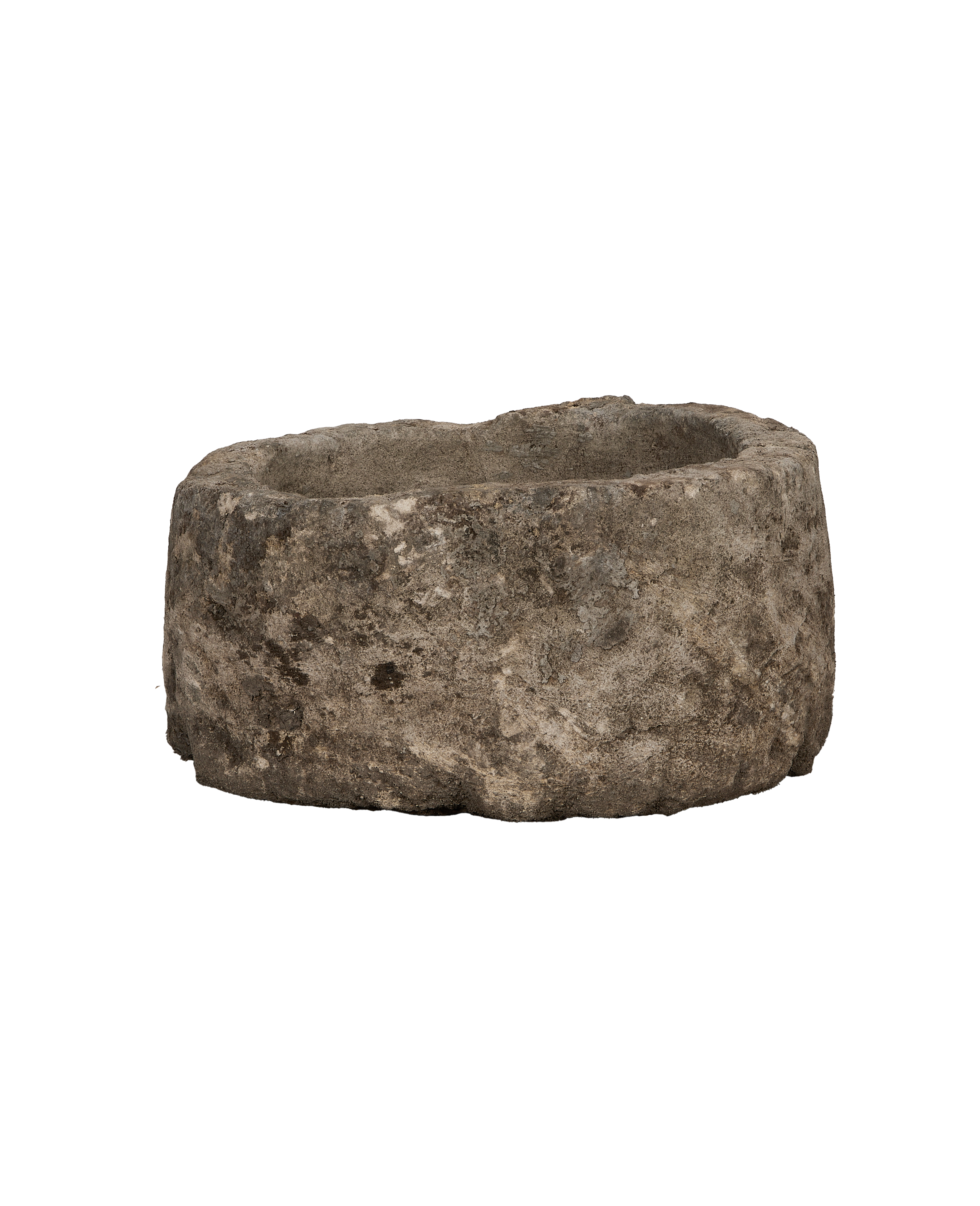 Vintage round Indonesian limestone trough, grey-brown weathered texture, featuring an uneven, organic rim.