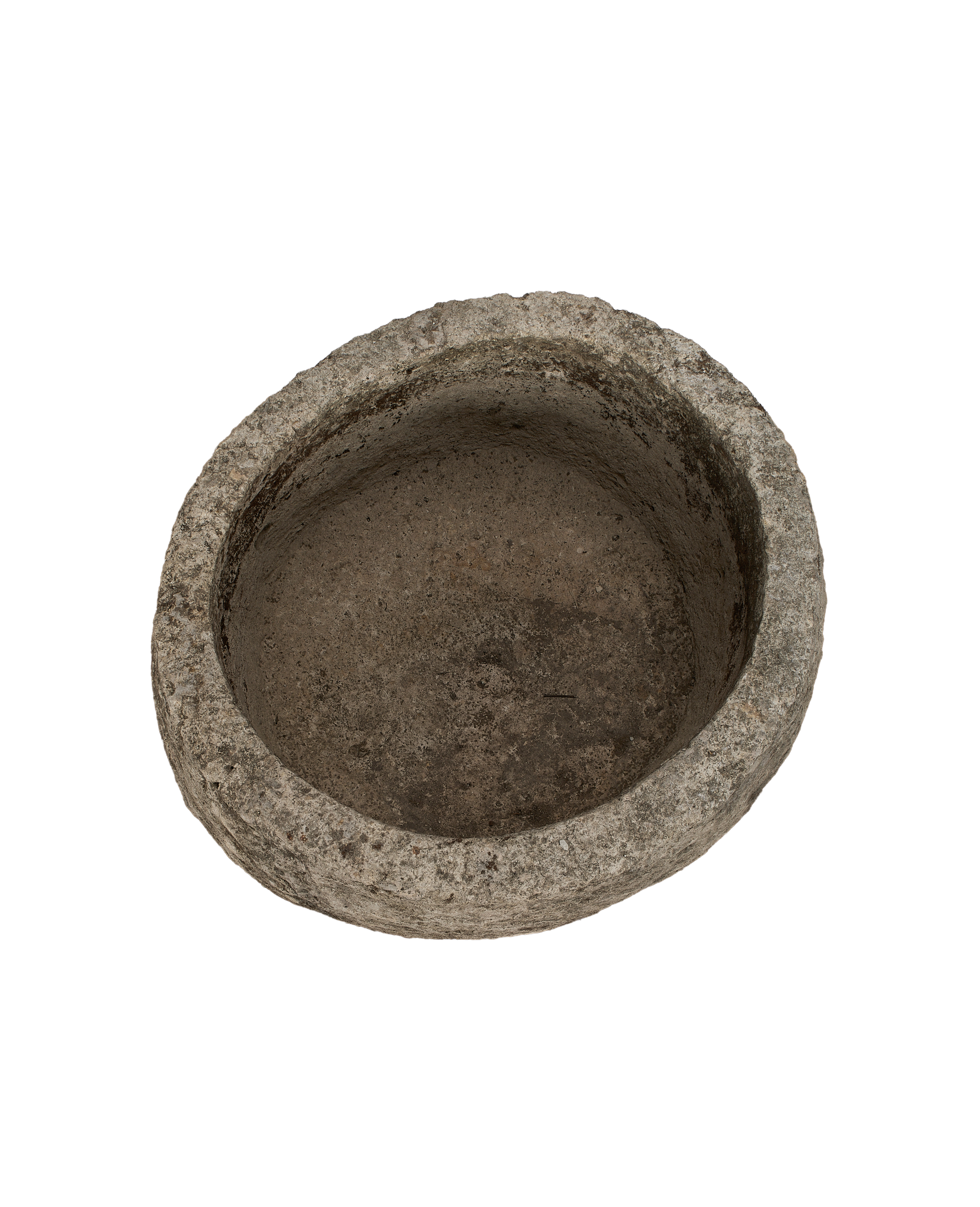 Vintage Indonesian OAK limestone trough, overhead view showing full interior texture.