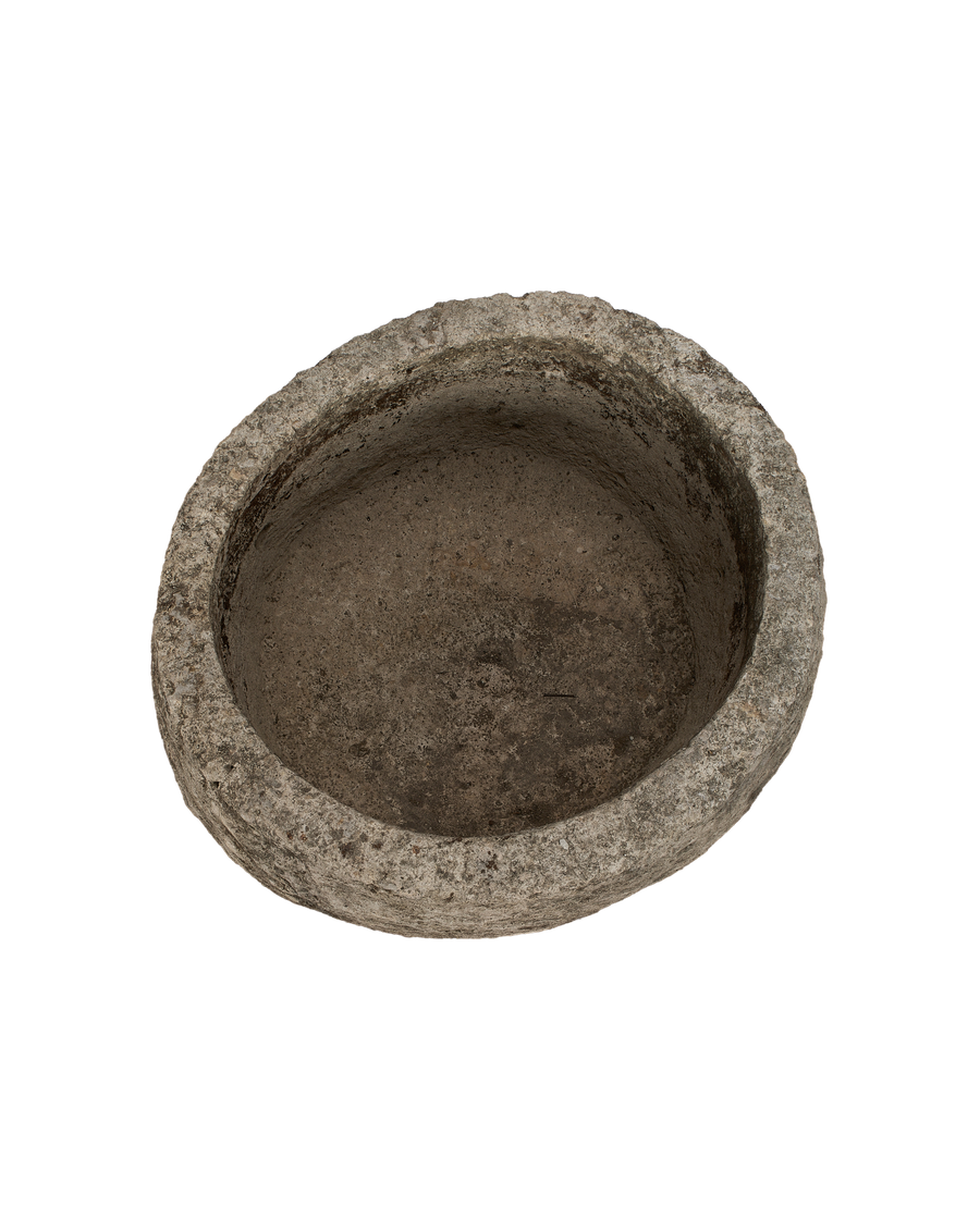 Vintage Indonesian OAK limestone trough, overhead view showing full interior texture.