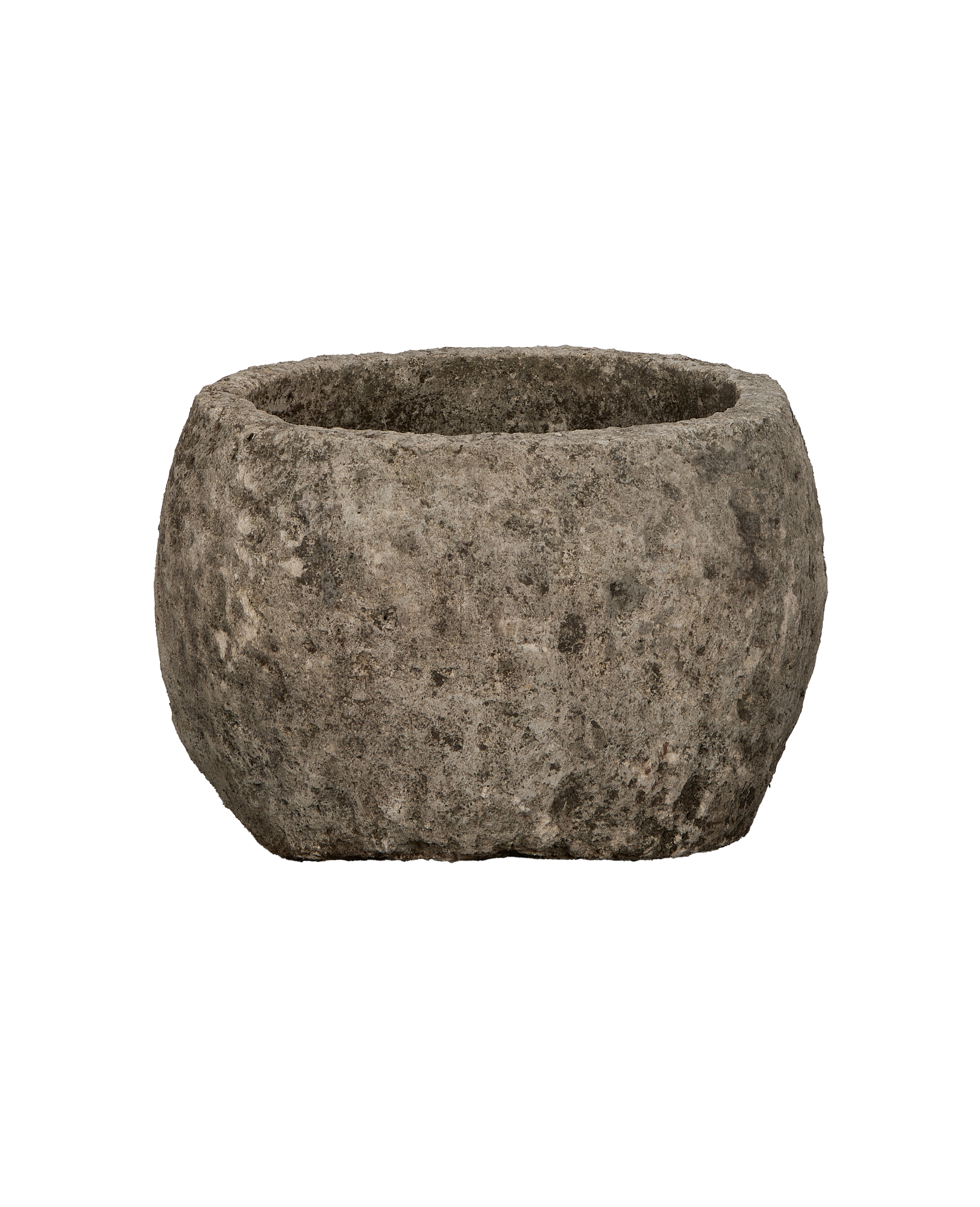 Vintage Indonesian round limestone trough, gray, weathered, with textured exterior.