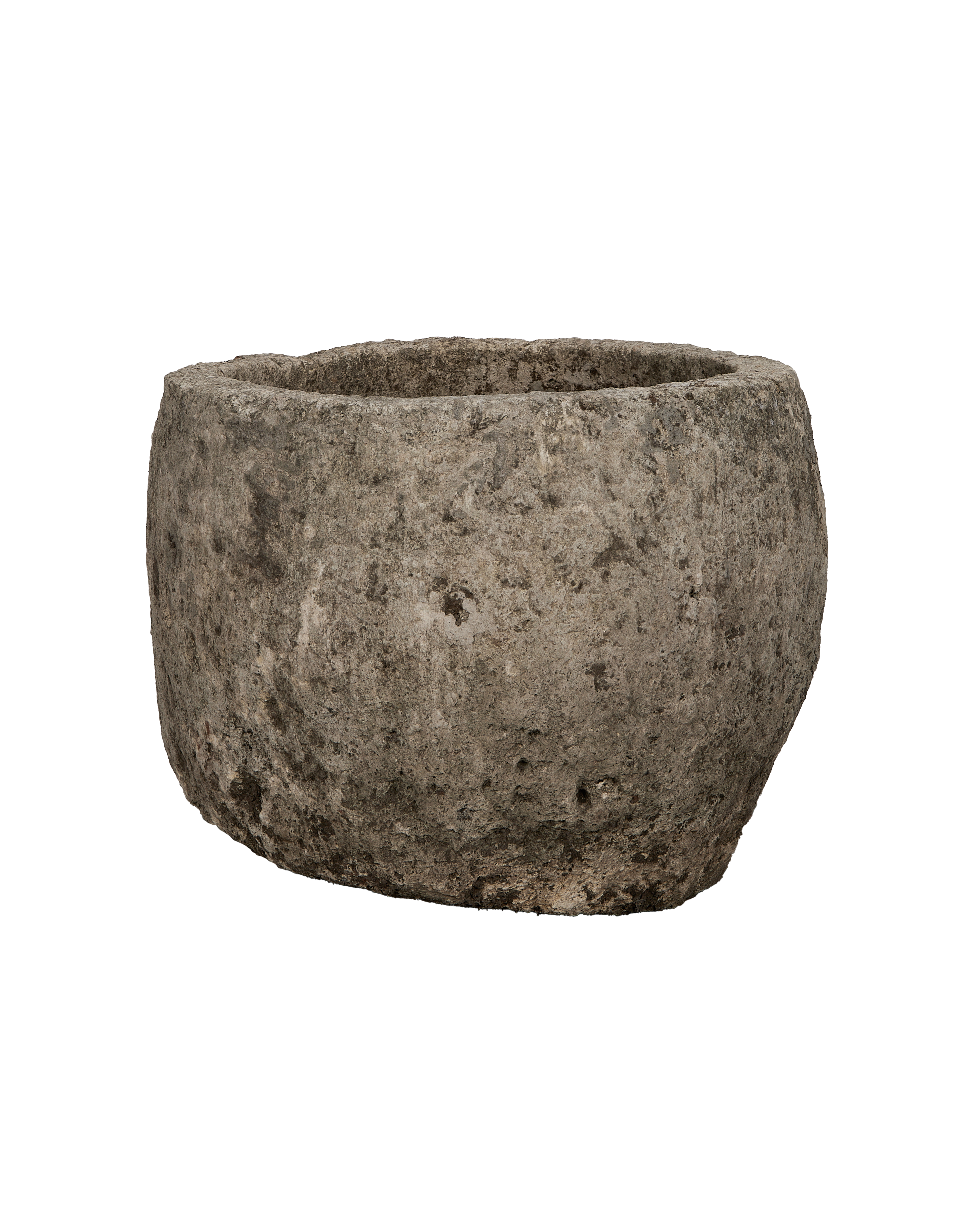 Vintage Indonesian round limestone trough, showing its aged, weathered texture and imperfections.
