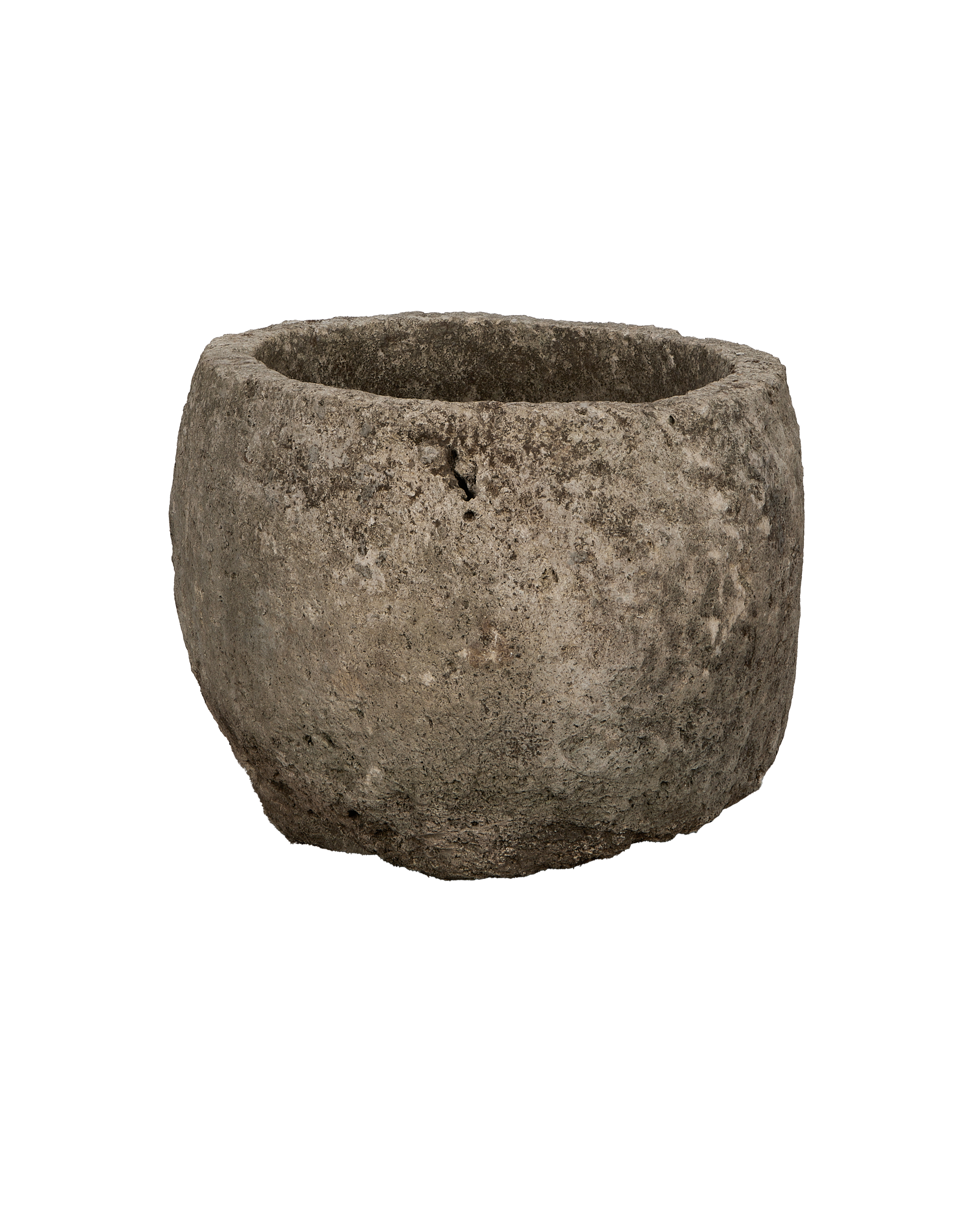 Round vintage Indonesian limestone trough, OAK finish, showing rough texture and natural surface imperfections.