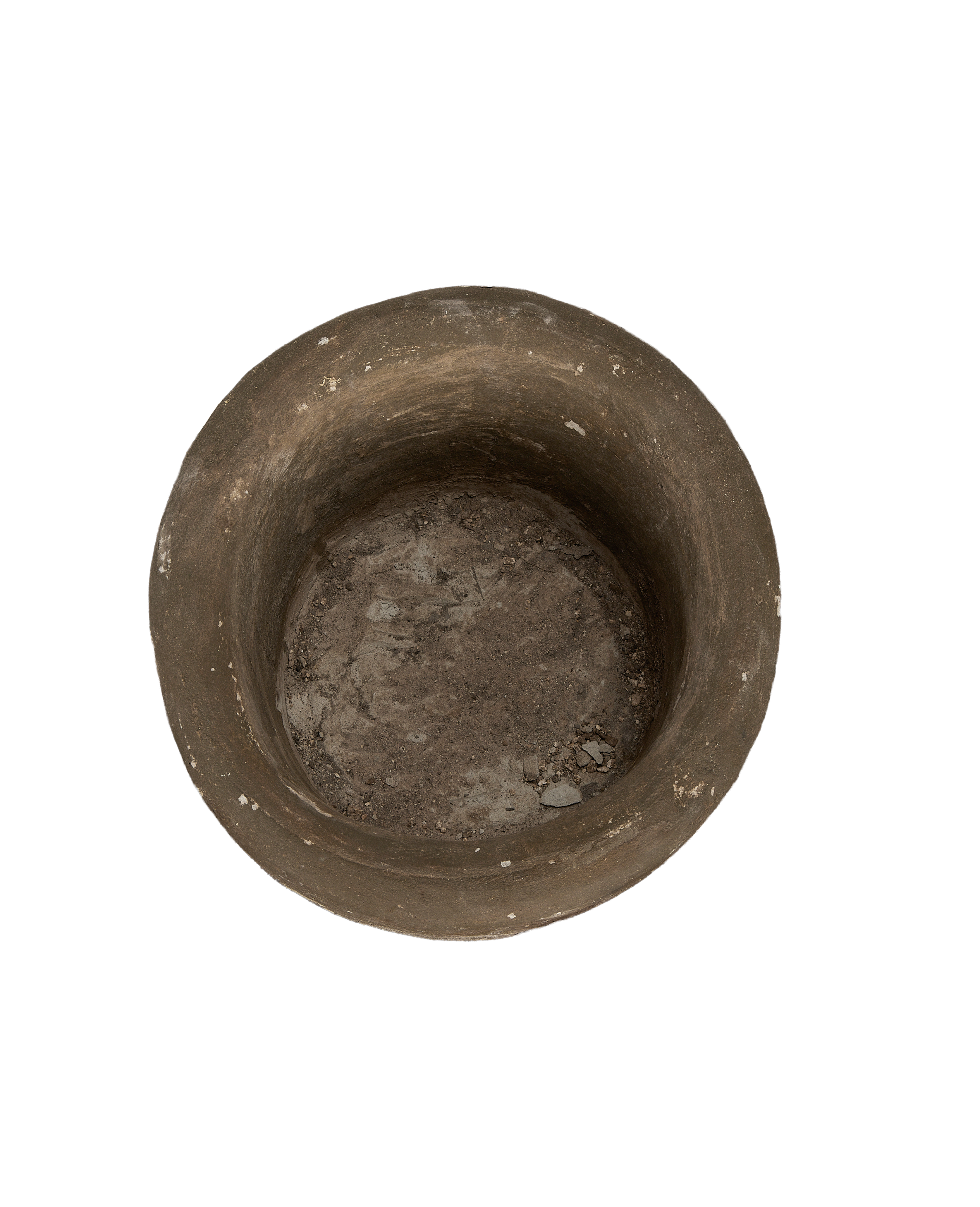 Vintage Indonesian round limestone trough, top view showing weathered interior texture and patina.