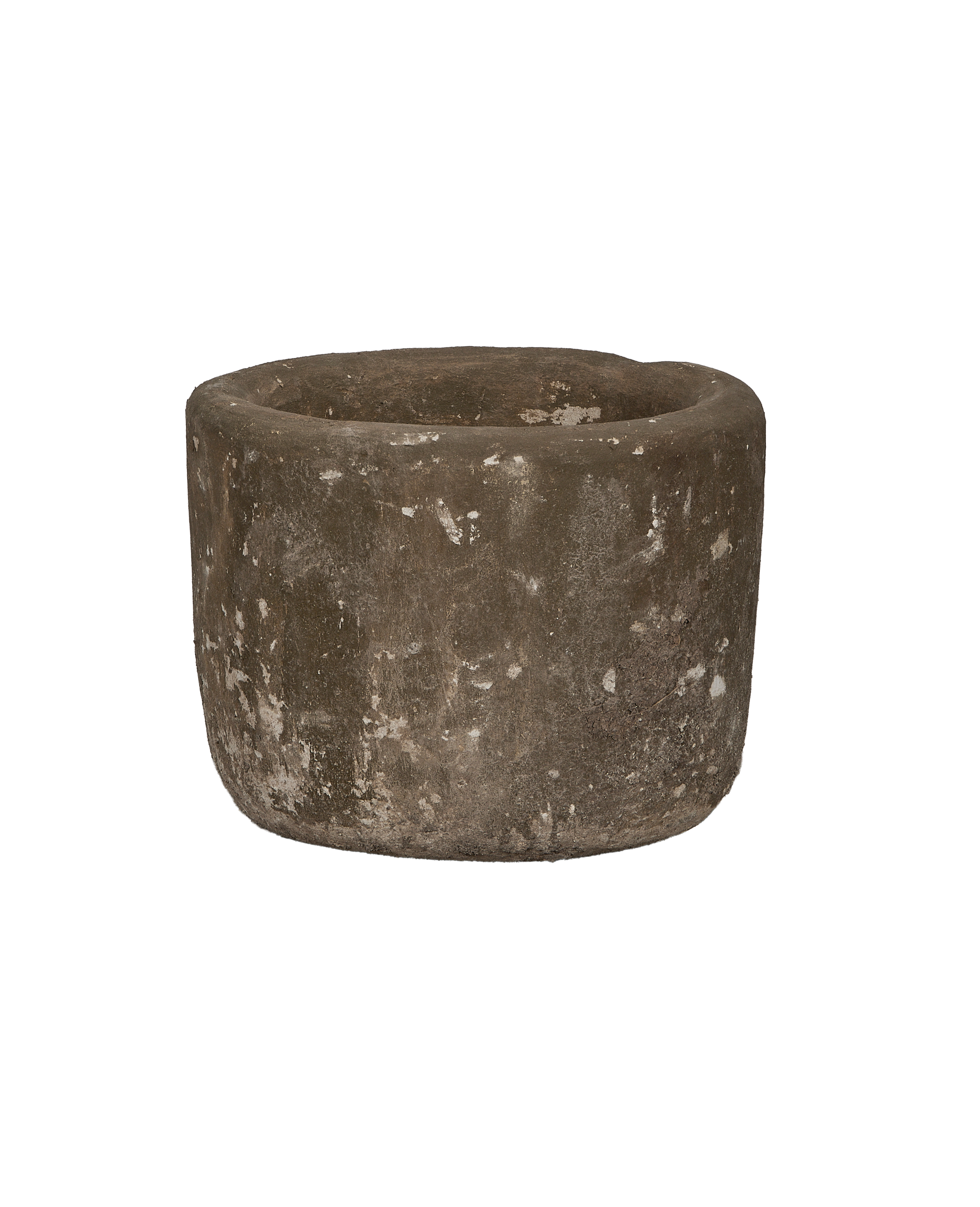 Vintage Indonesian round limestone trough, earthy texture with distressed white and brown patina.