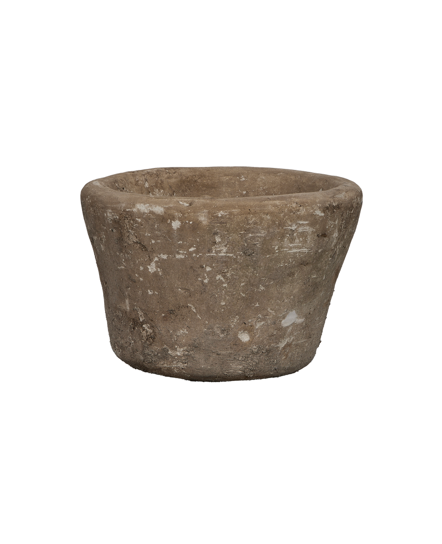 Vintage round Indonesian limestone trough, OAK style, showing weathered texture.
