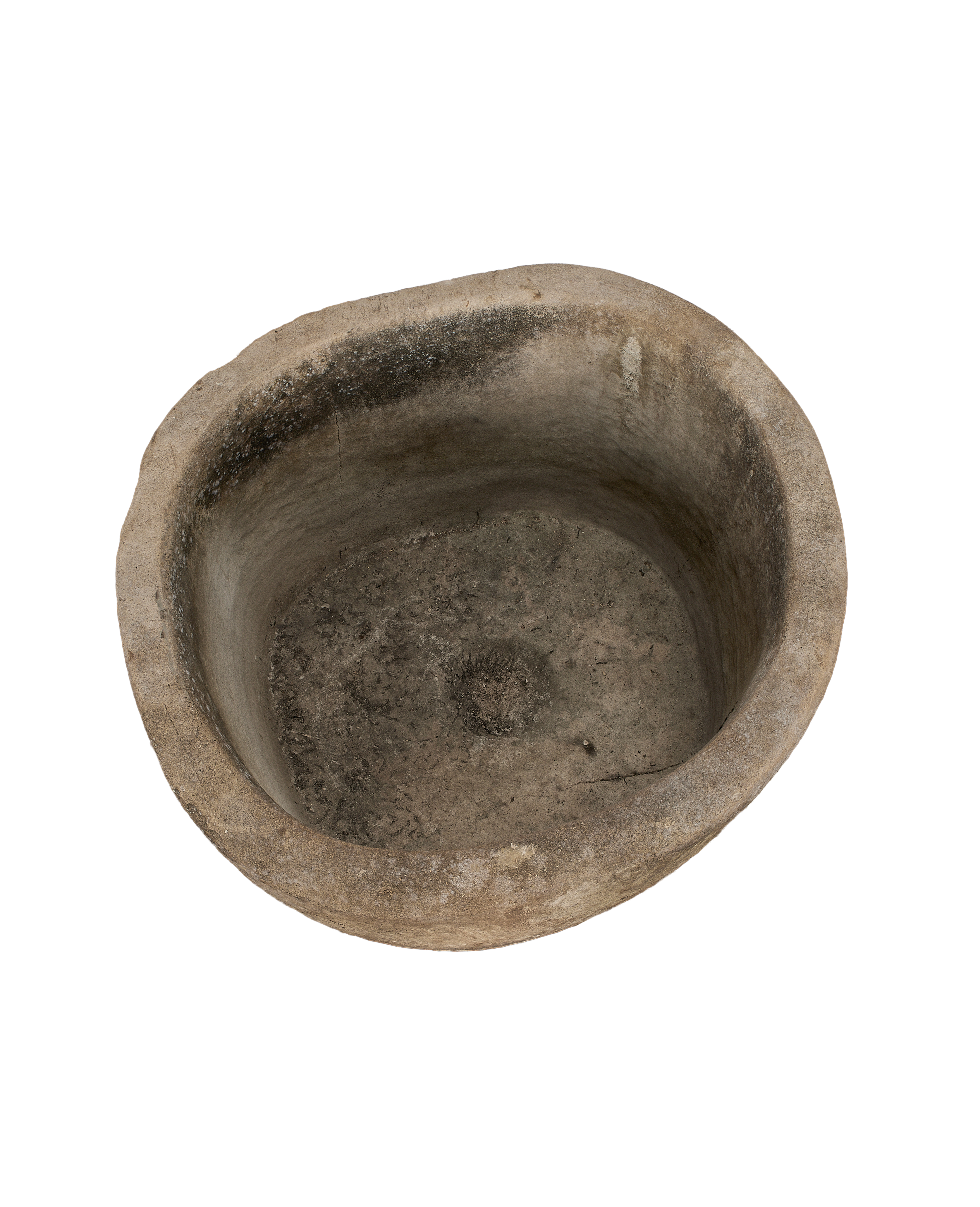 Vintage Indonesian Limestone Trough, weathered interior, rough texture, and round bottom drainage hole.