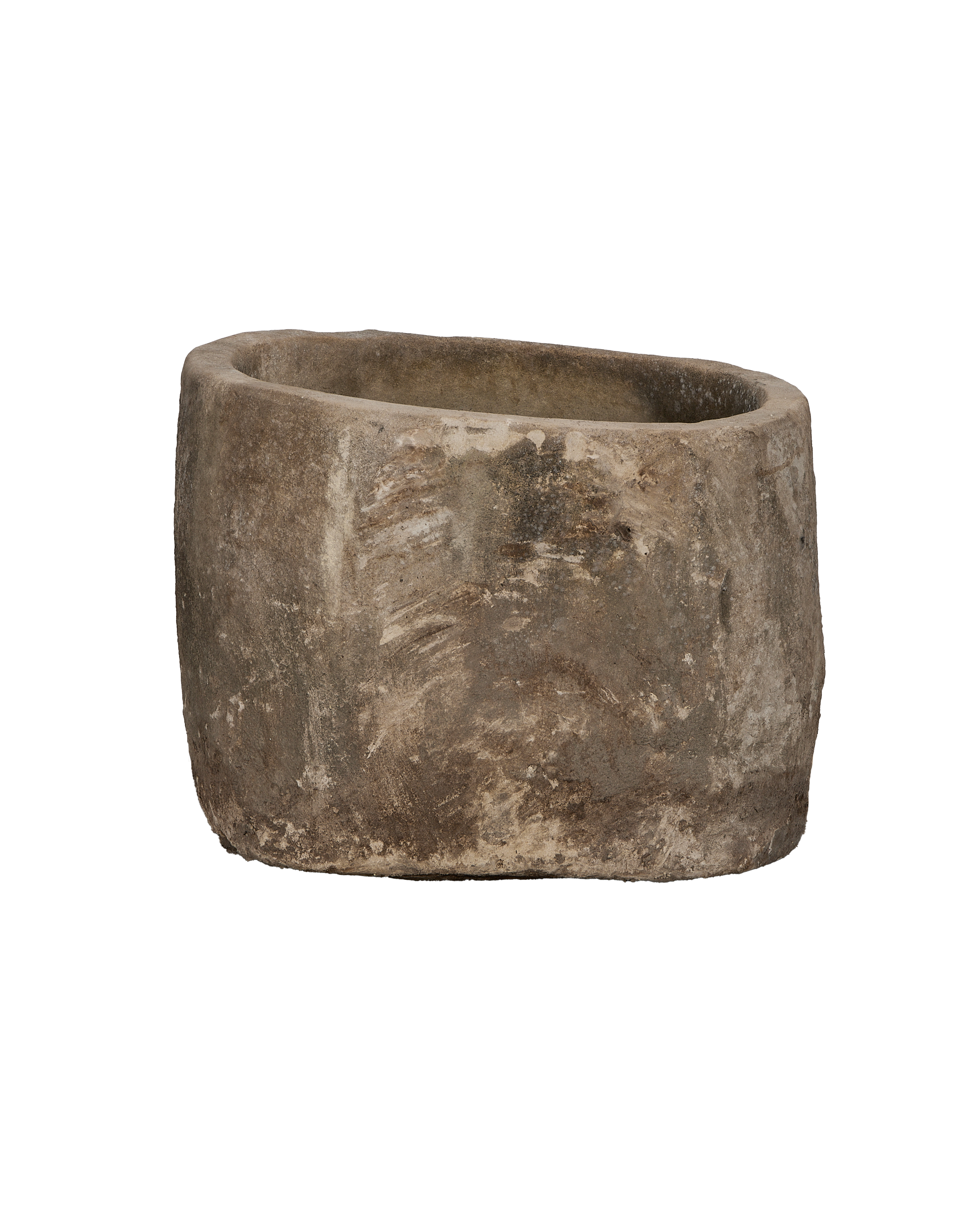 Vintage Indonesian round limestone trough, showcasing rustic texture and weathered surface with age.