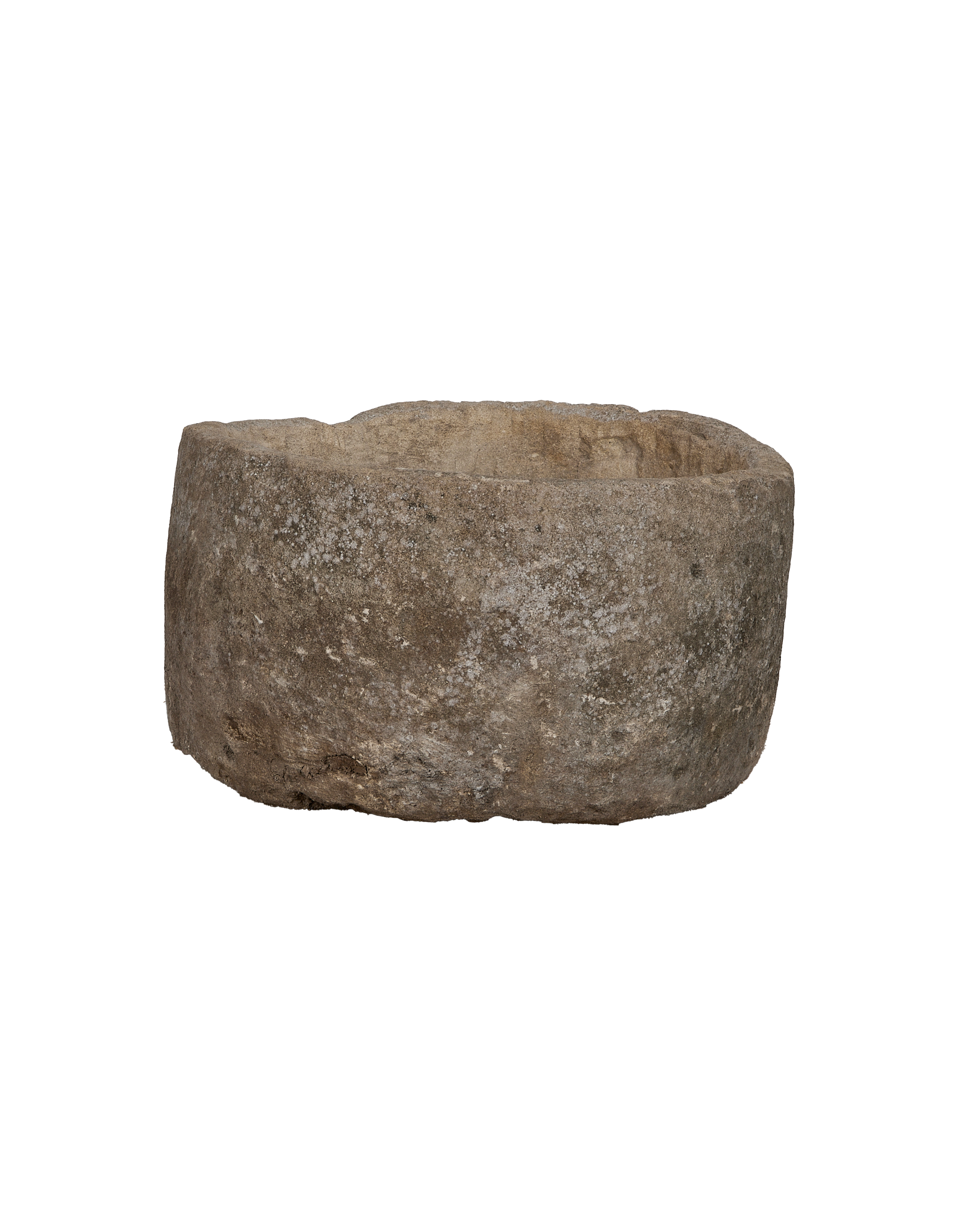 Vintage round limestone trough from Indonesia, with weathered texture and natural imperfections.