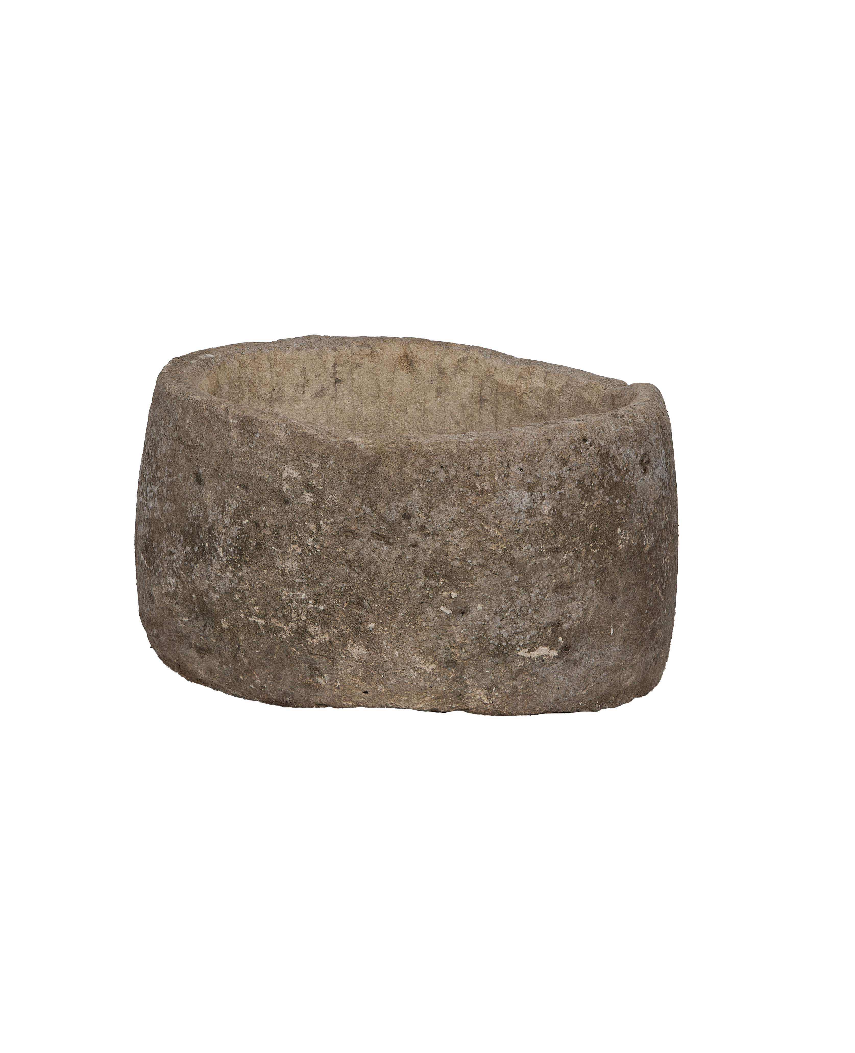 Vintage round limestone trough, Indonesian, weathered texture, upper-left view, rustic planter.