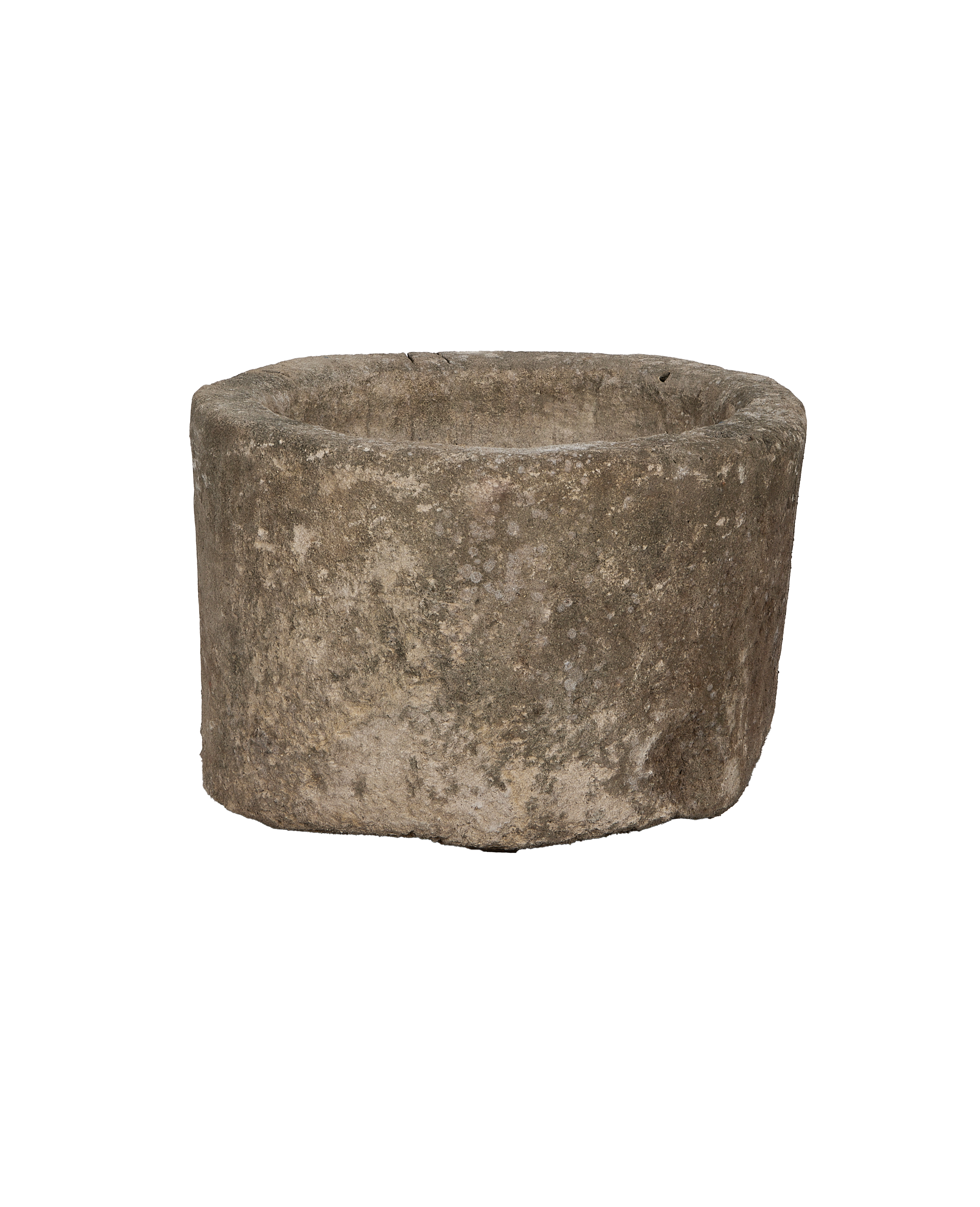 Vintage round Indonesian limestone trough, showing weathered texture and natural imperfections from above.