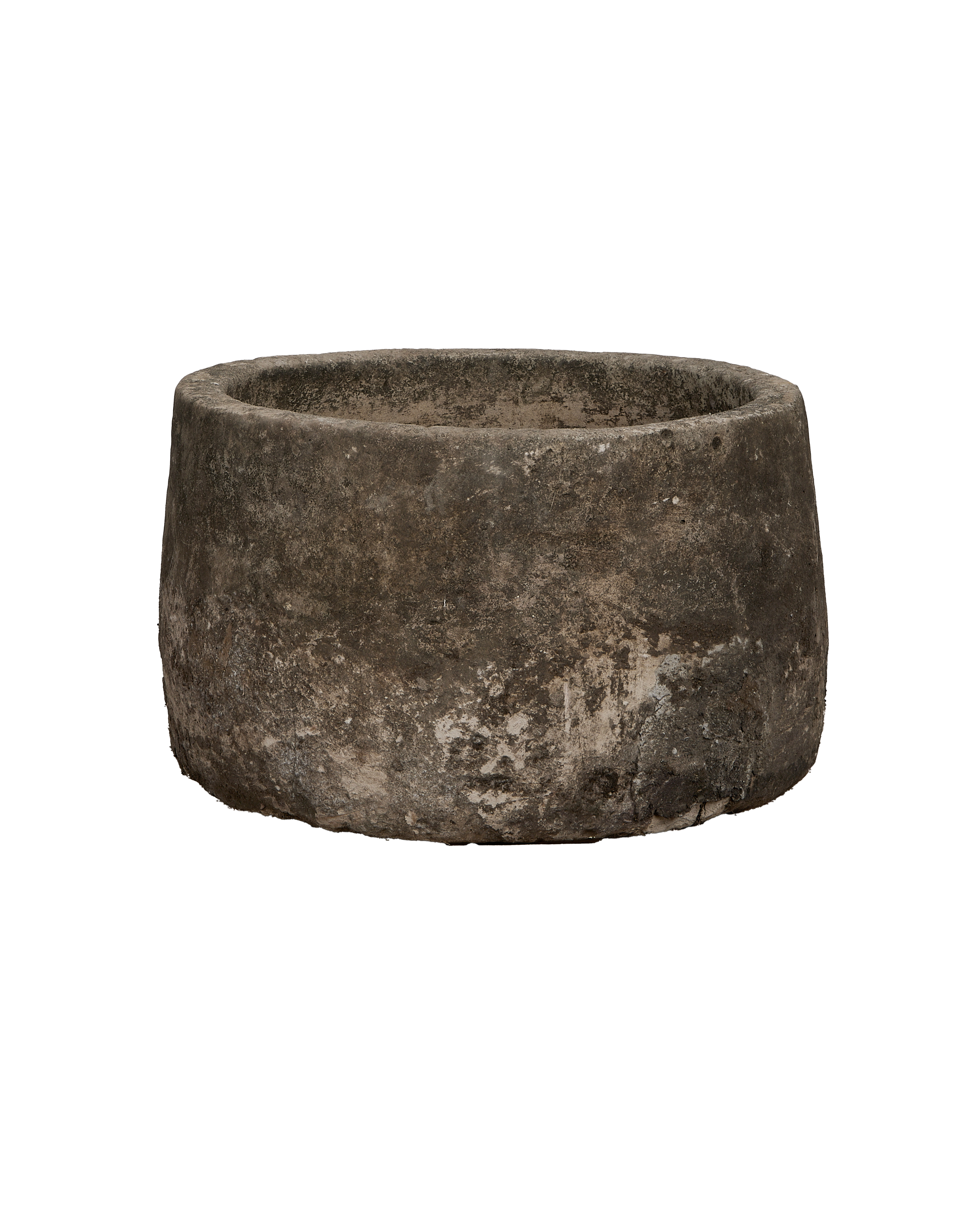 Vintage Indonesian round limestone trough with weathered, textured grey surface.