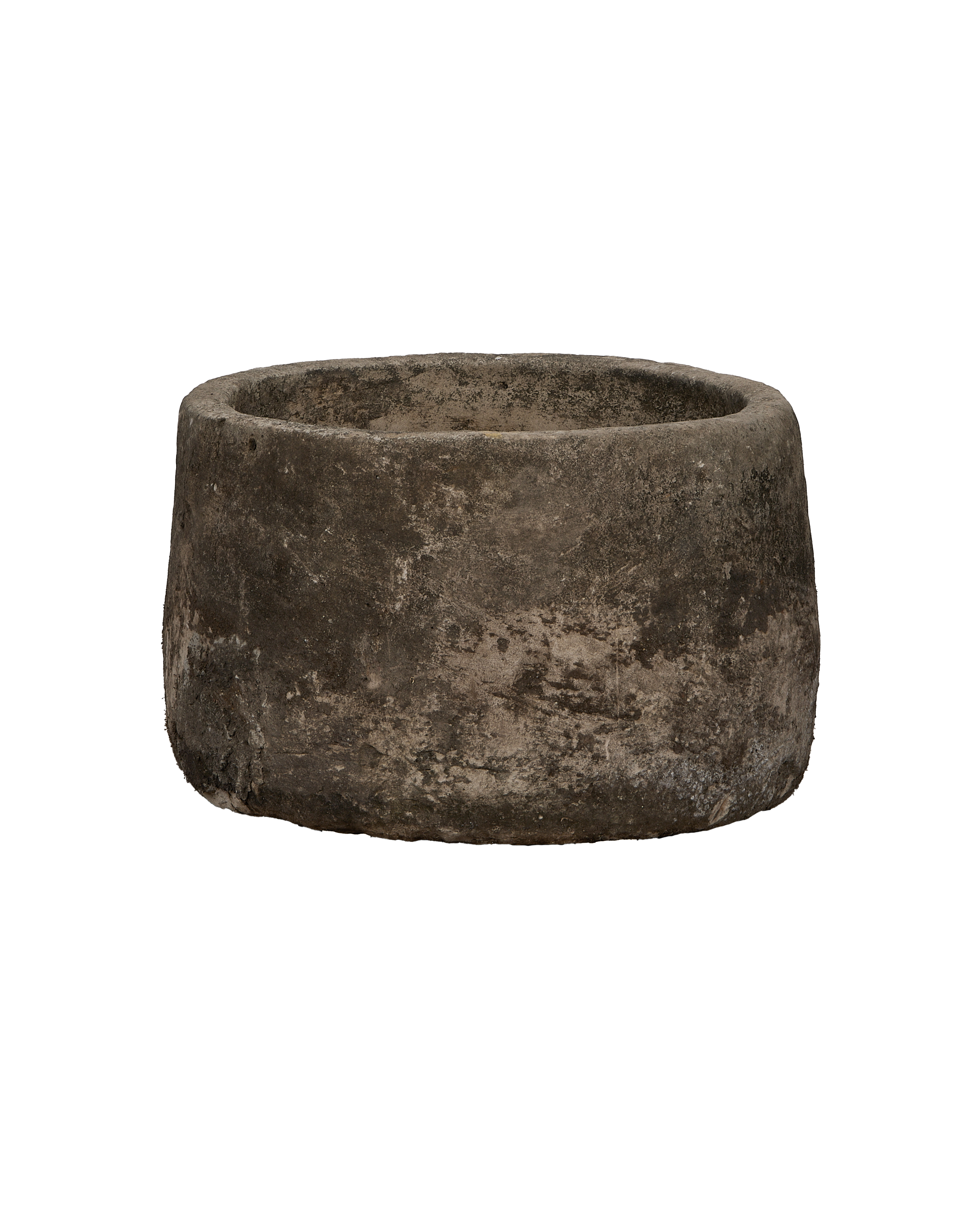 Vintage Indonesian round limestone trough, showing weathered texture from an overhead angle.