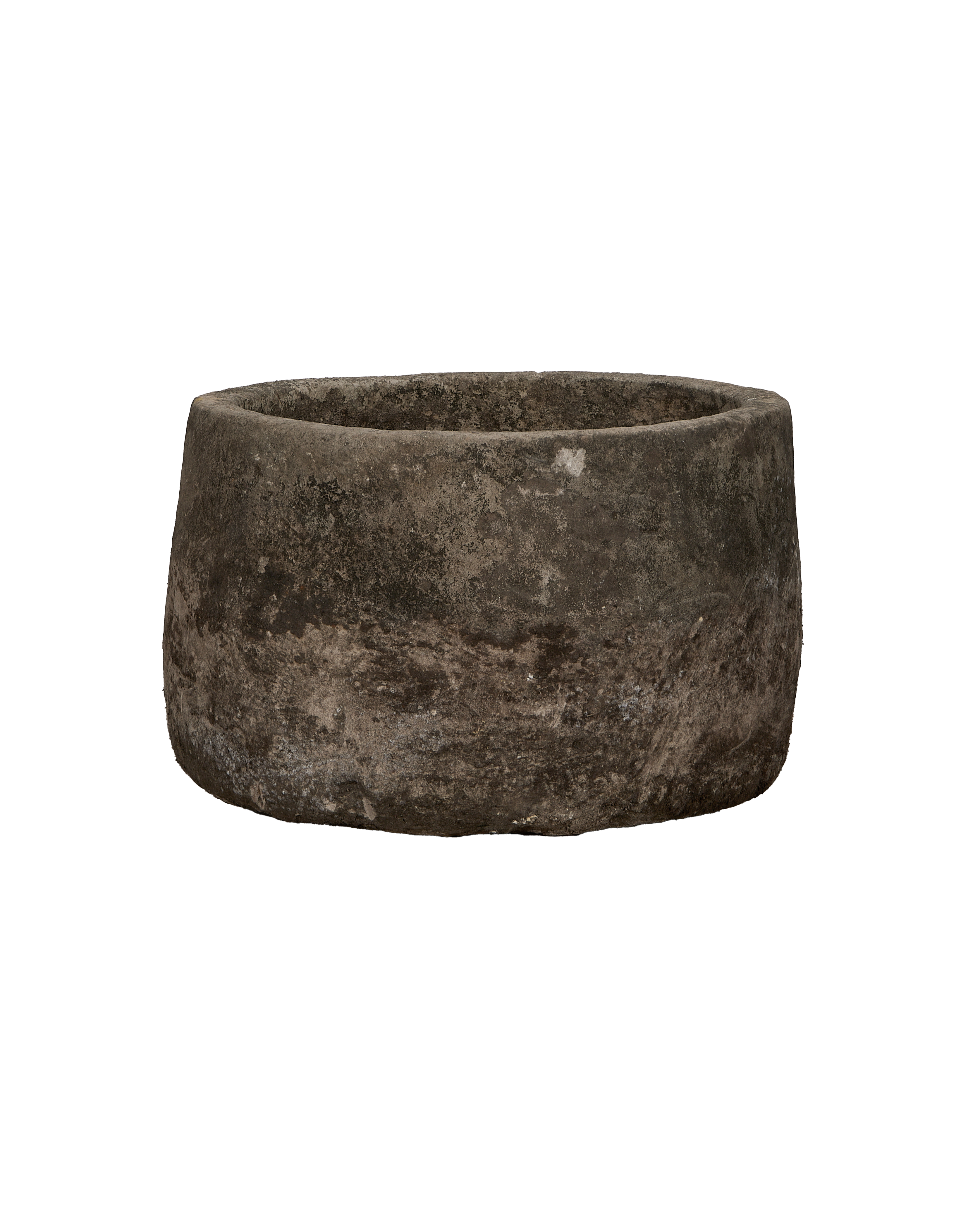 Vintage round limestone trough, side angle, showcasing weathered texture and unique organic irregularities.