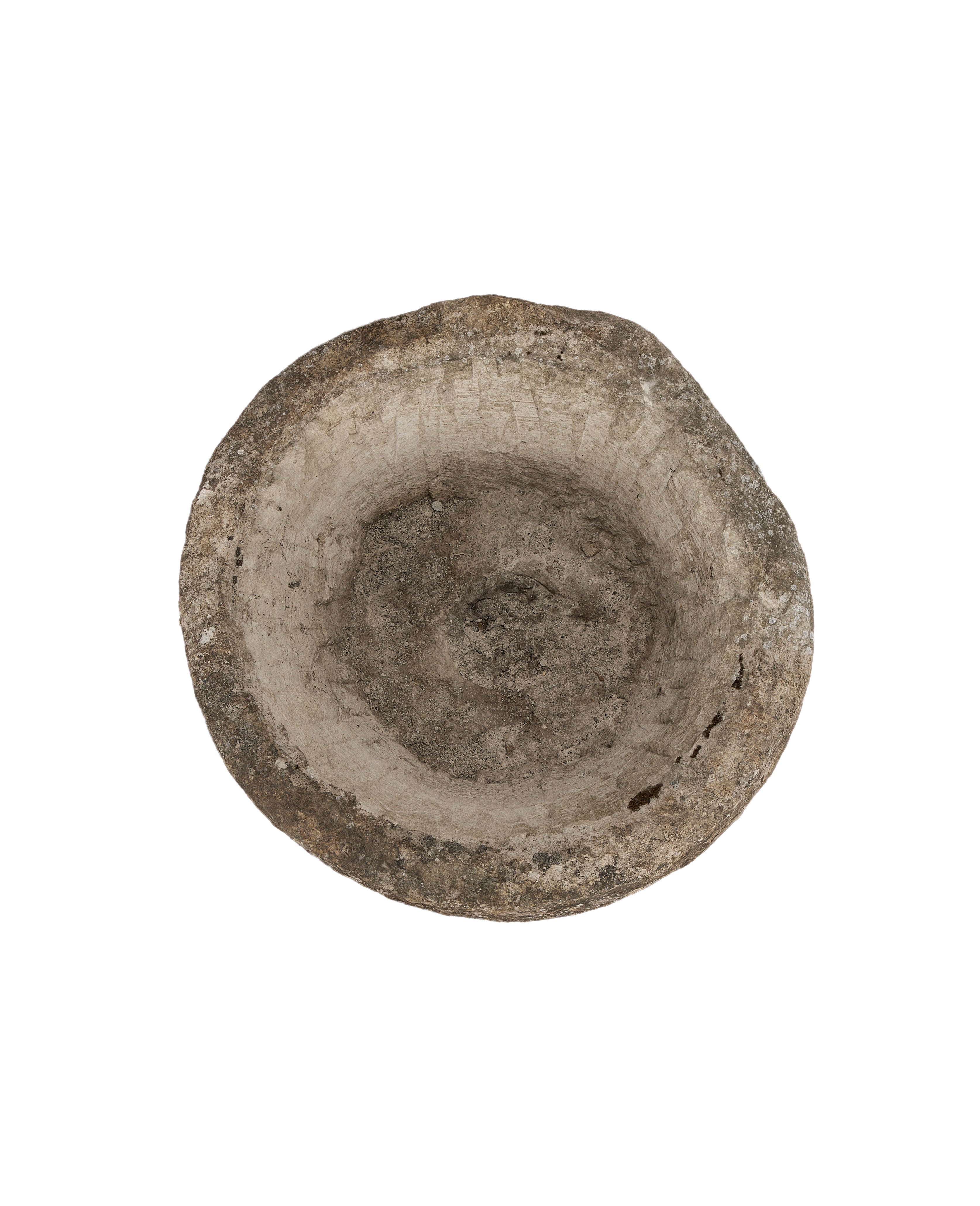 Vintage Indonesian limestone trough viewed directly from above, showing rugged interior and weathered patina.