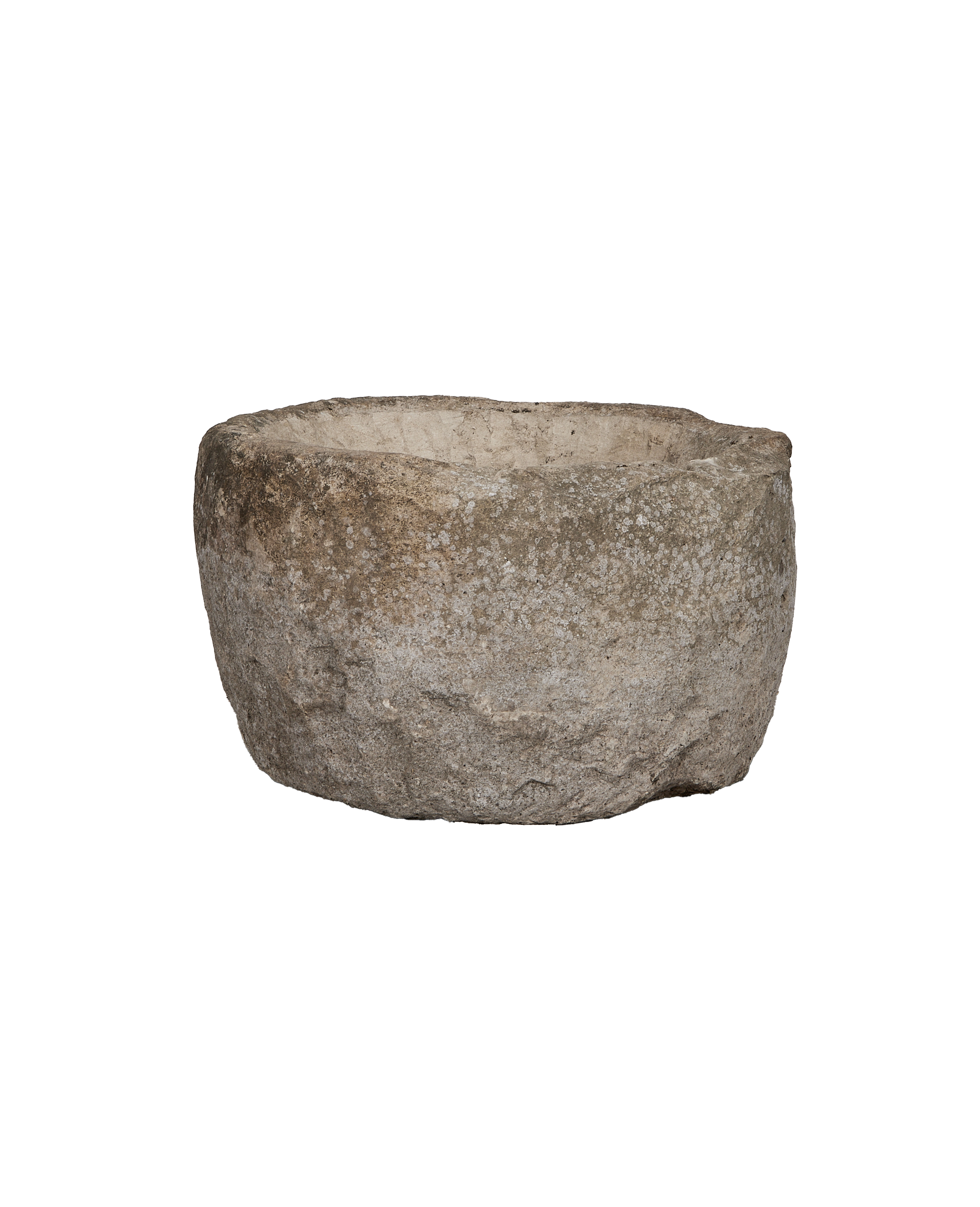 Vintage Indonesian limestone trough, top view showcasing weathered surface texture and oblong shape.