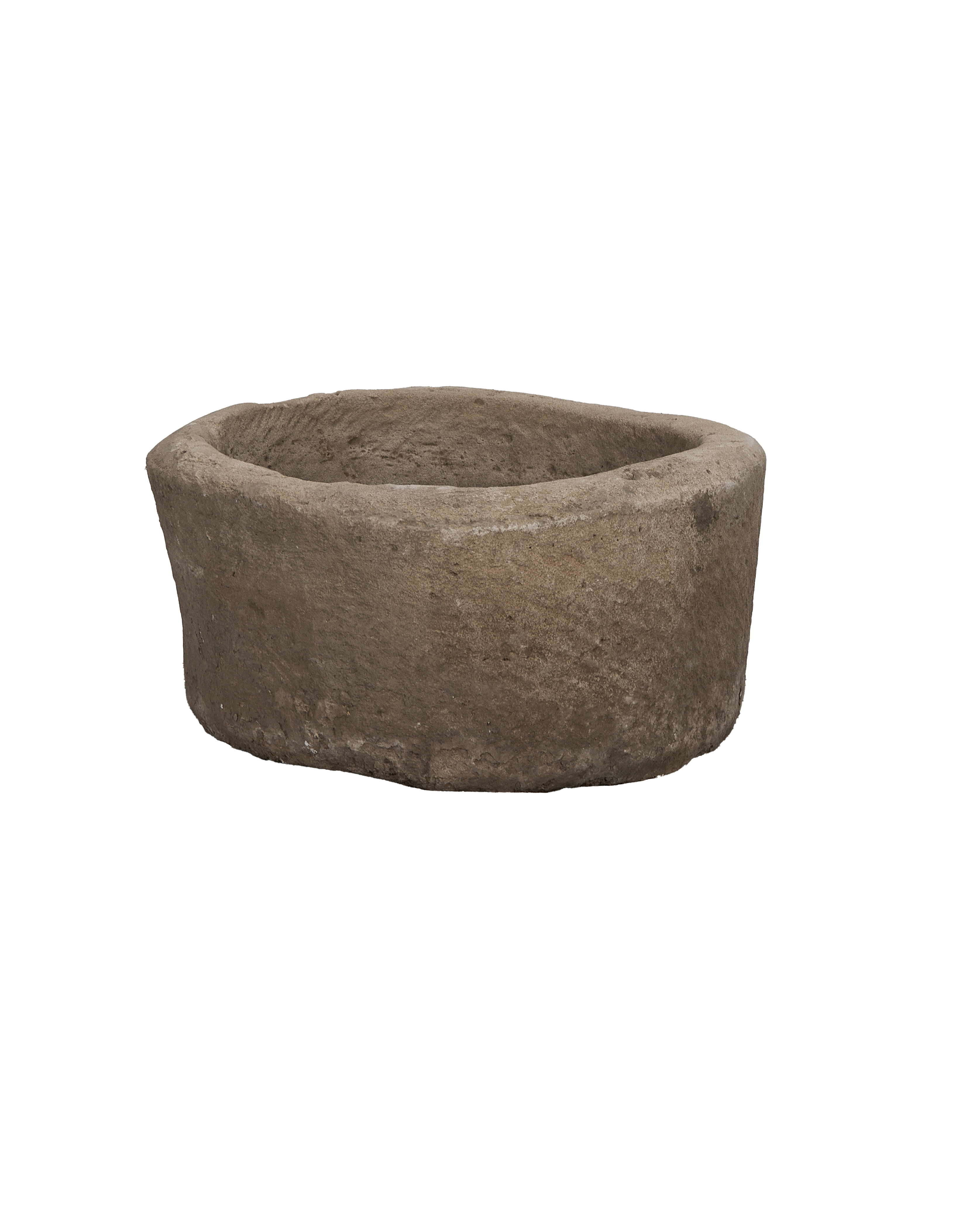 Vintage Indonesian round limestone trough, rough texture, natural worn grey condition.