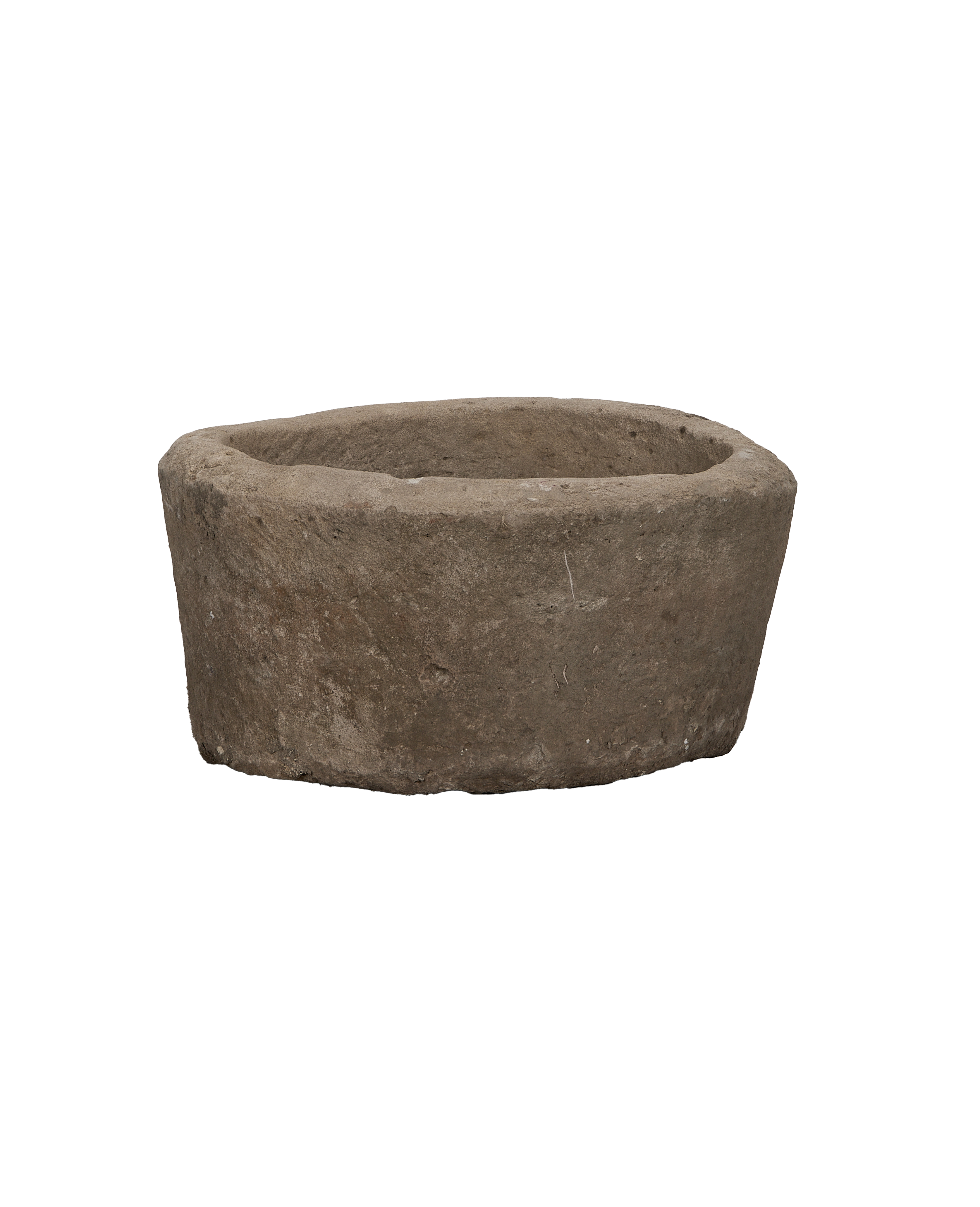 Vintage round Indonesian limestone trough, detailed rough natural texture.