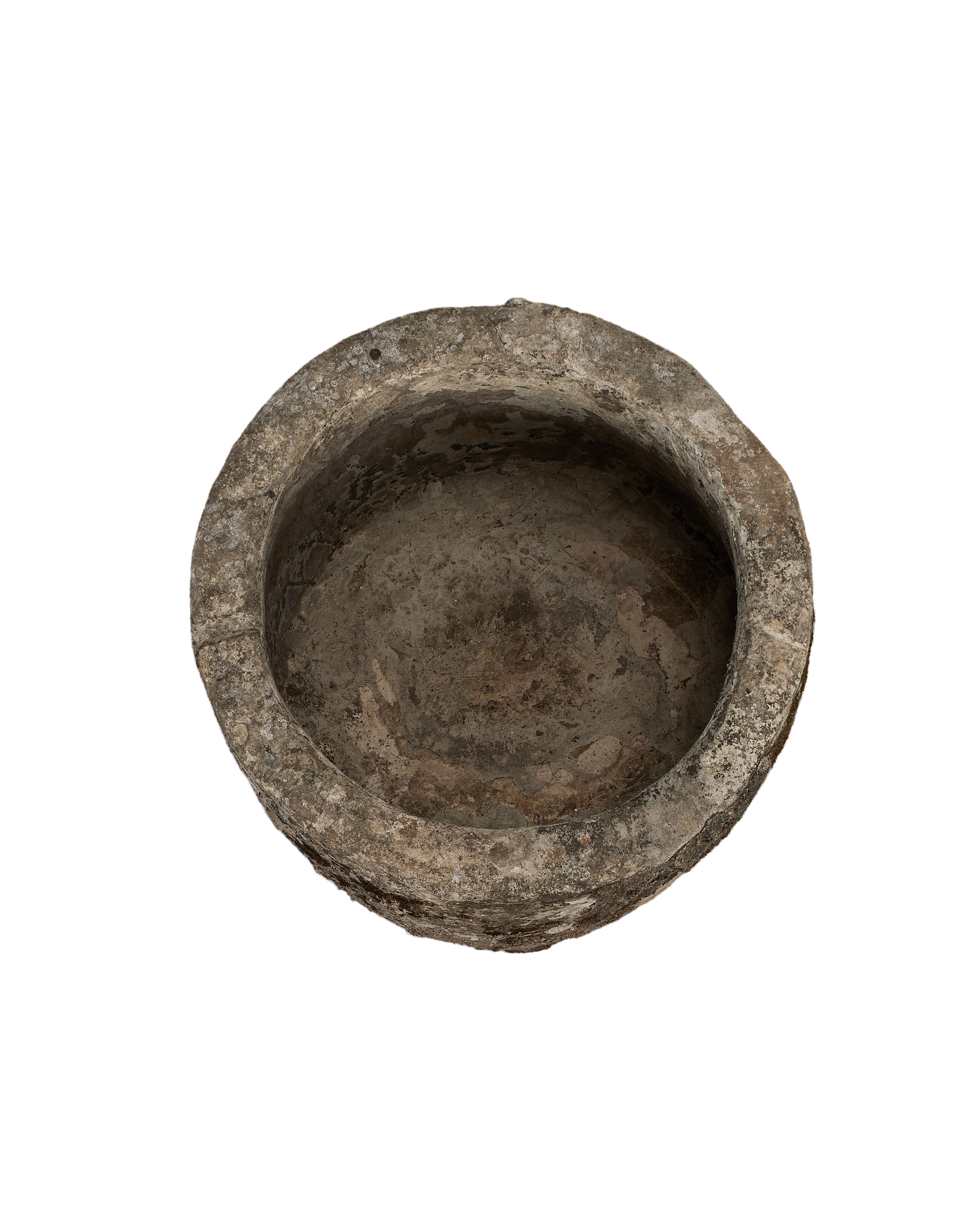 Vintage Indonesian round limestone trough, top-down view showing interior texture and worn rim.