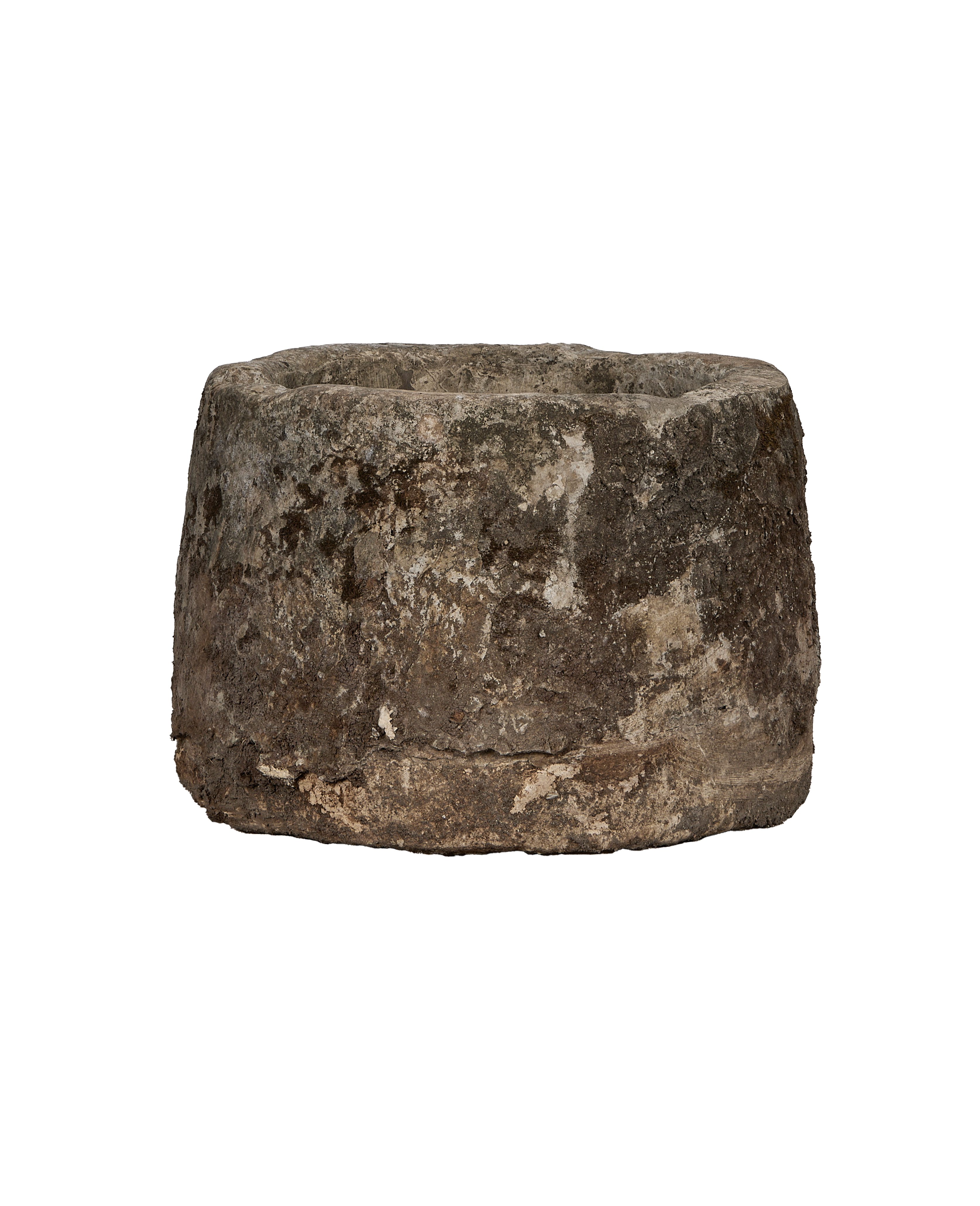 Vintage round limestone trough from Indonesia, weathered with natural patina, front view.