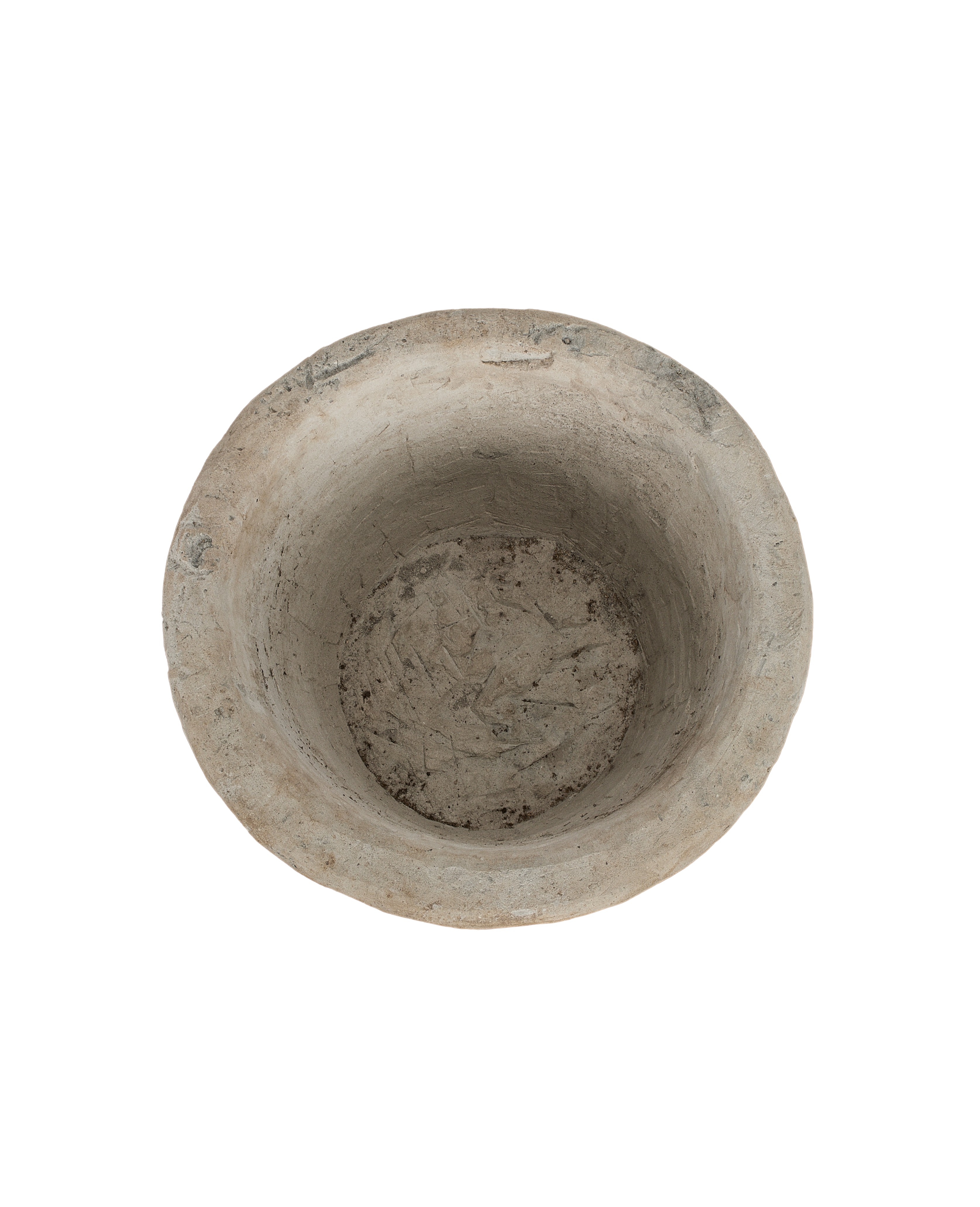 Vintage Indonesian round oak limestone trough, top-down view showing interior texture.