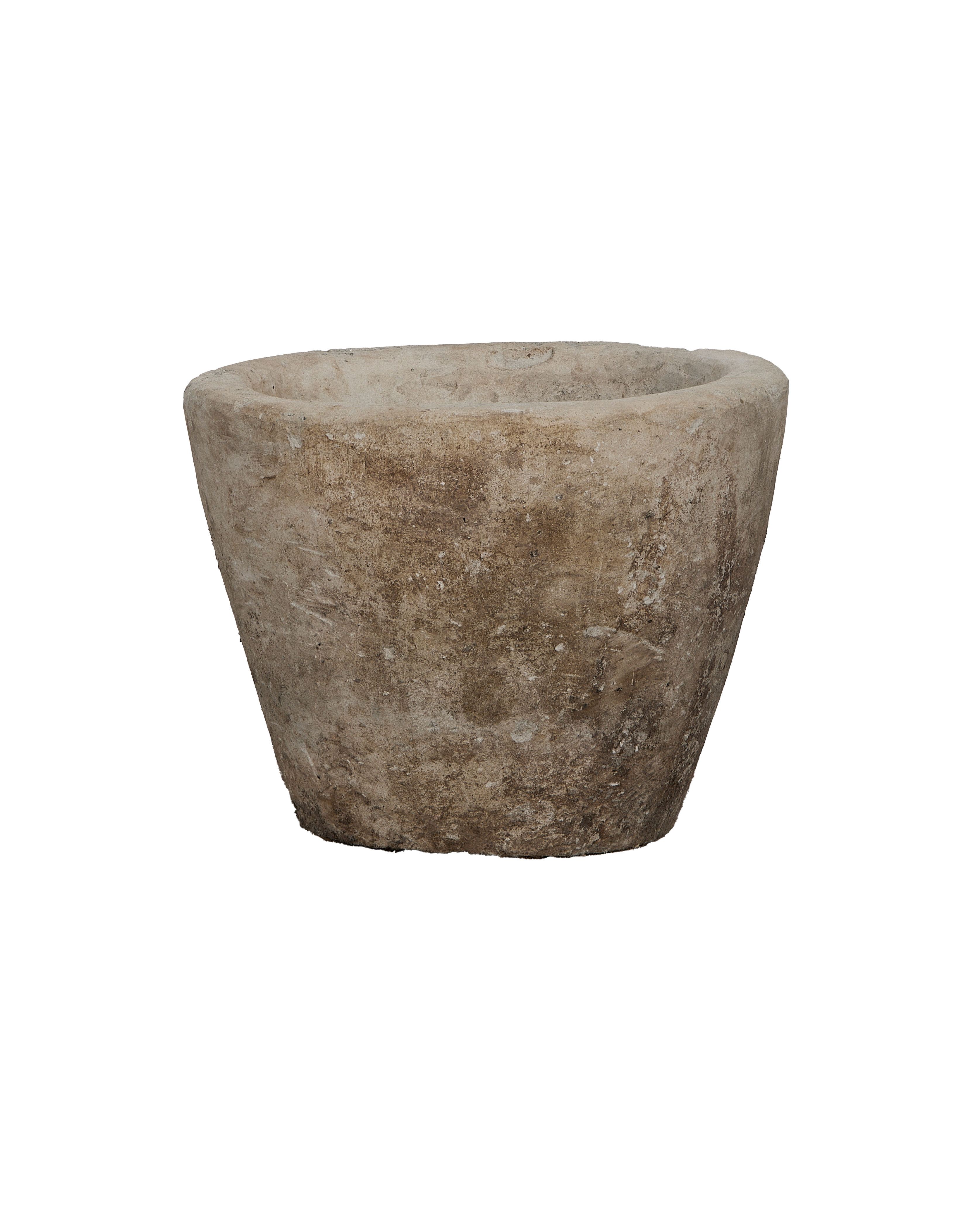 Vintage Indonesian round limestone trough, showing weathered texture from an elevated angle.
