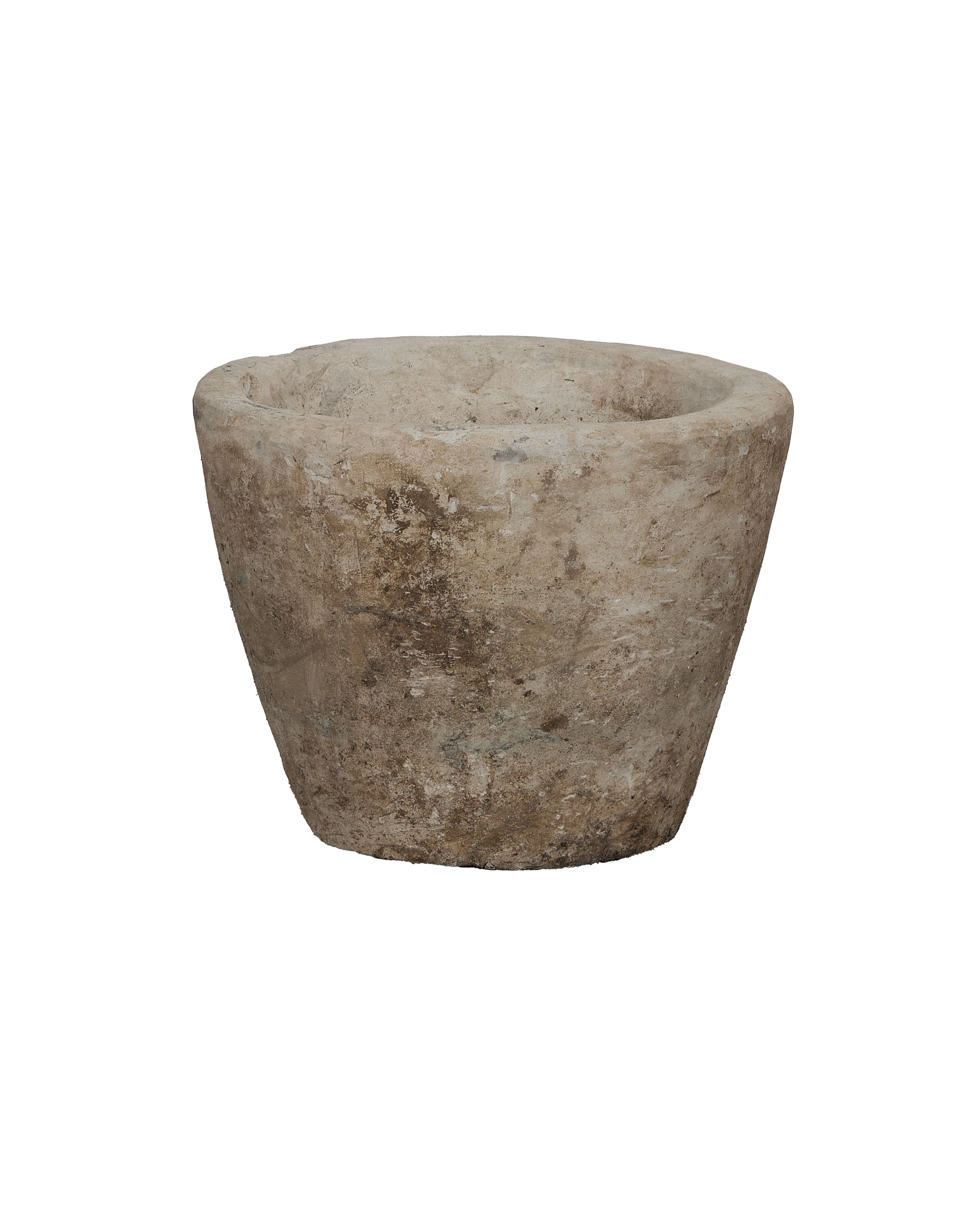 Vintage Indonesian round limestone trough, full side view emphasizing weathered texture.