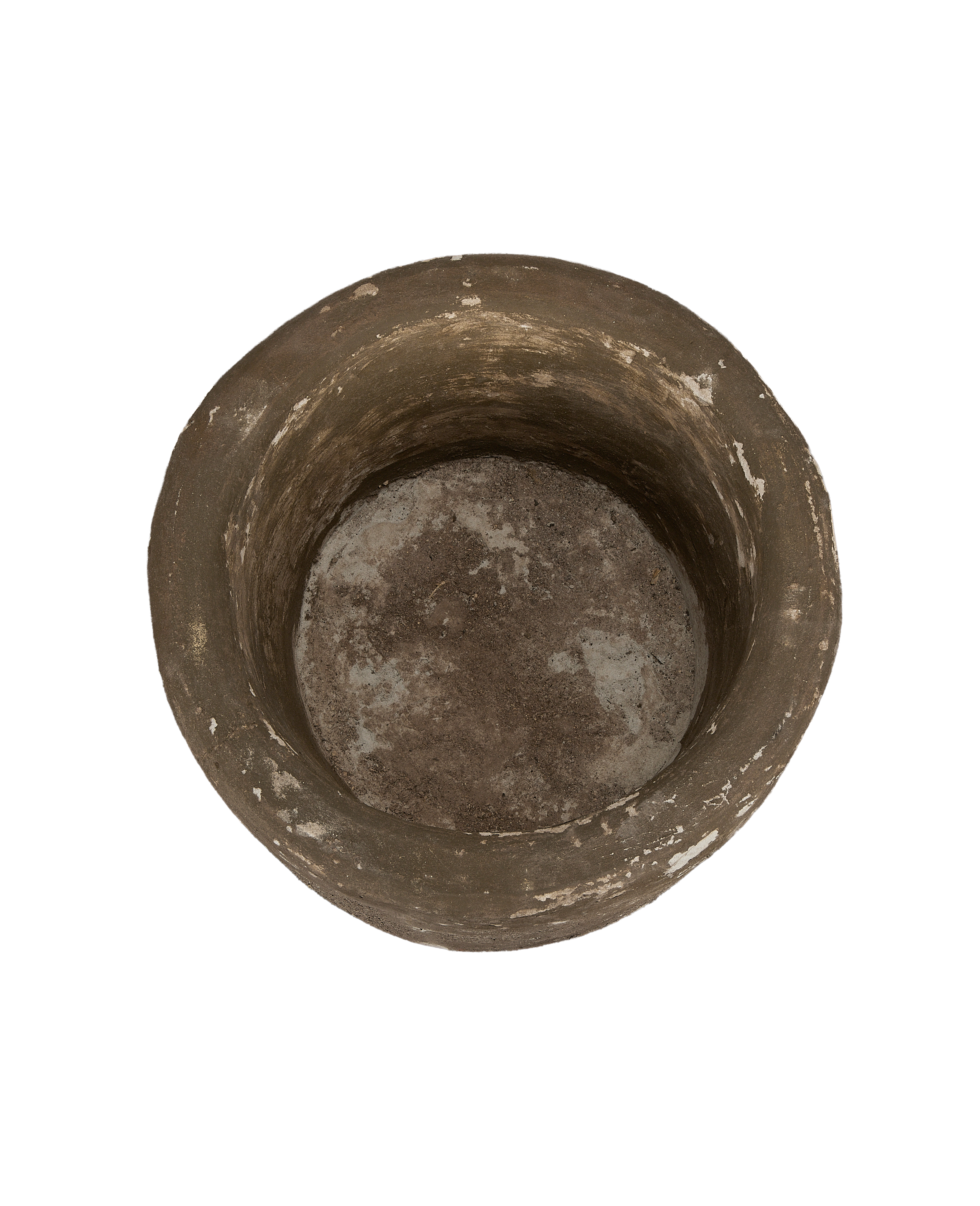 Vintage round Indonesian limestone trough, top-down view showing interior and worn texture.