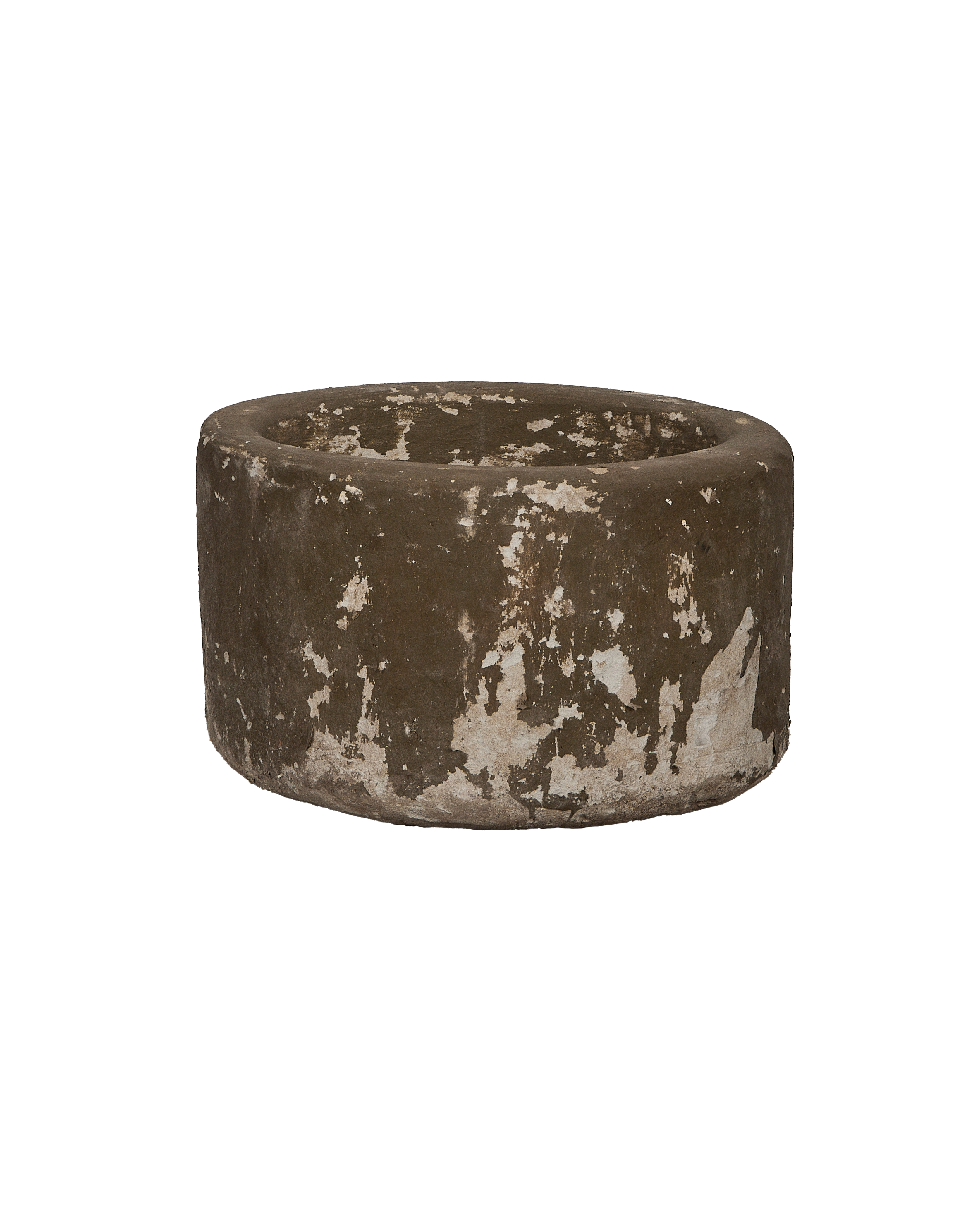 Vintage round Indonesian limestone trough, grey with distressed white areas, OAK finish.