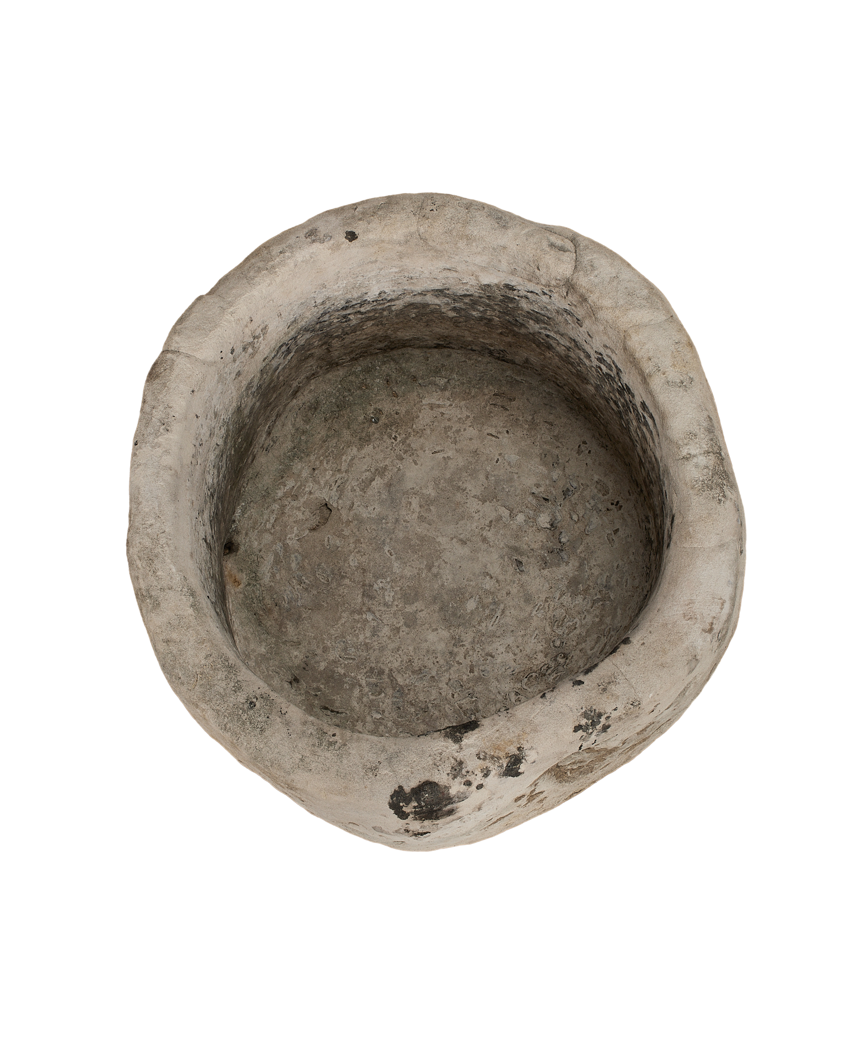 Vintage Indonesian limestone trough, top-down view showing deep basin, textured patinated surface.