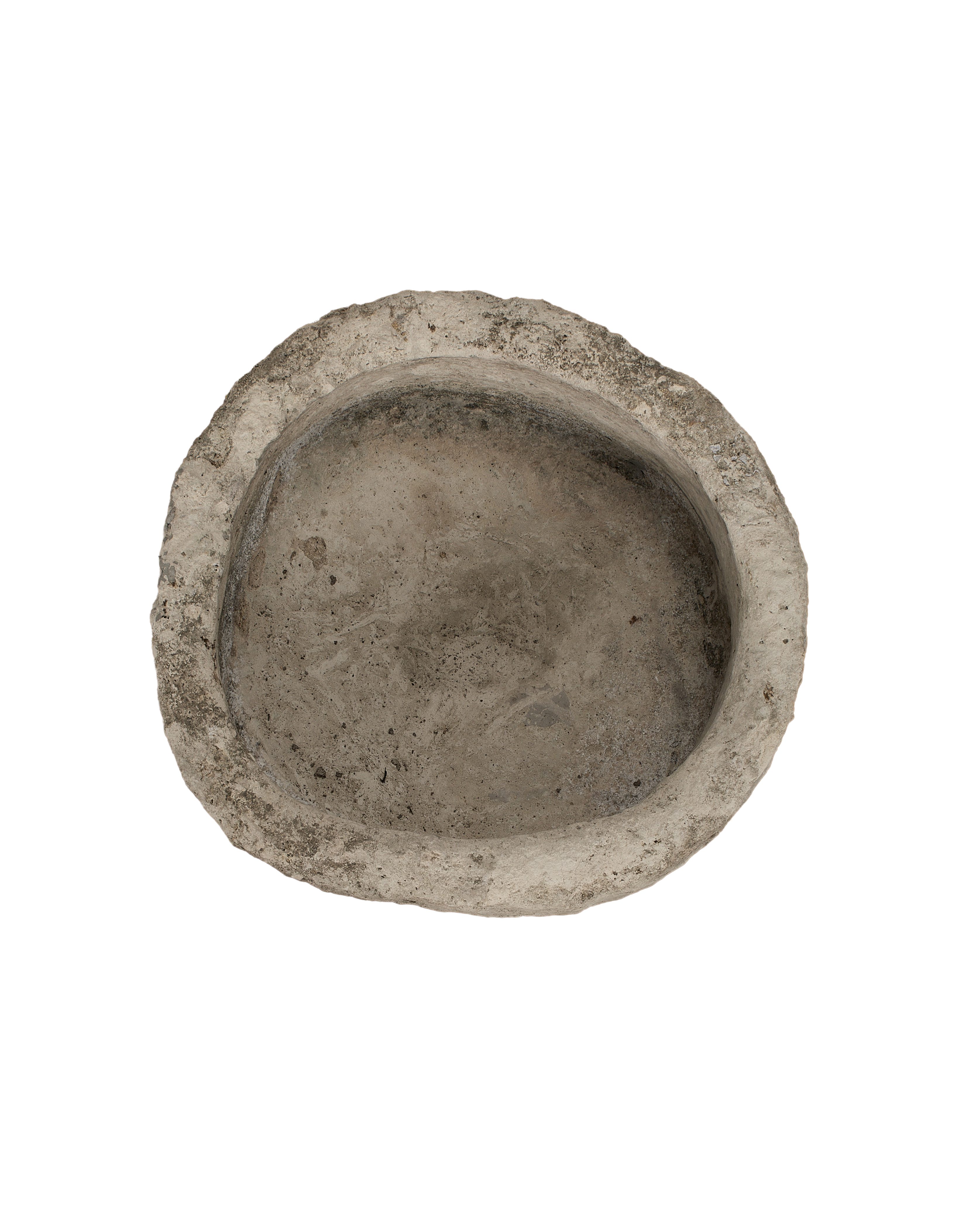 Round limestone trough, vintage, showing weathered texture and aged patina on inner surface.