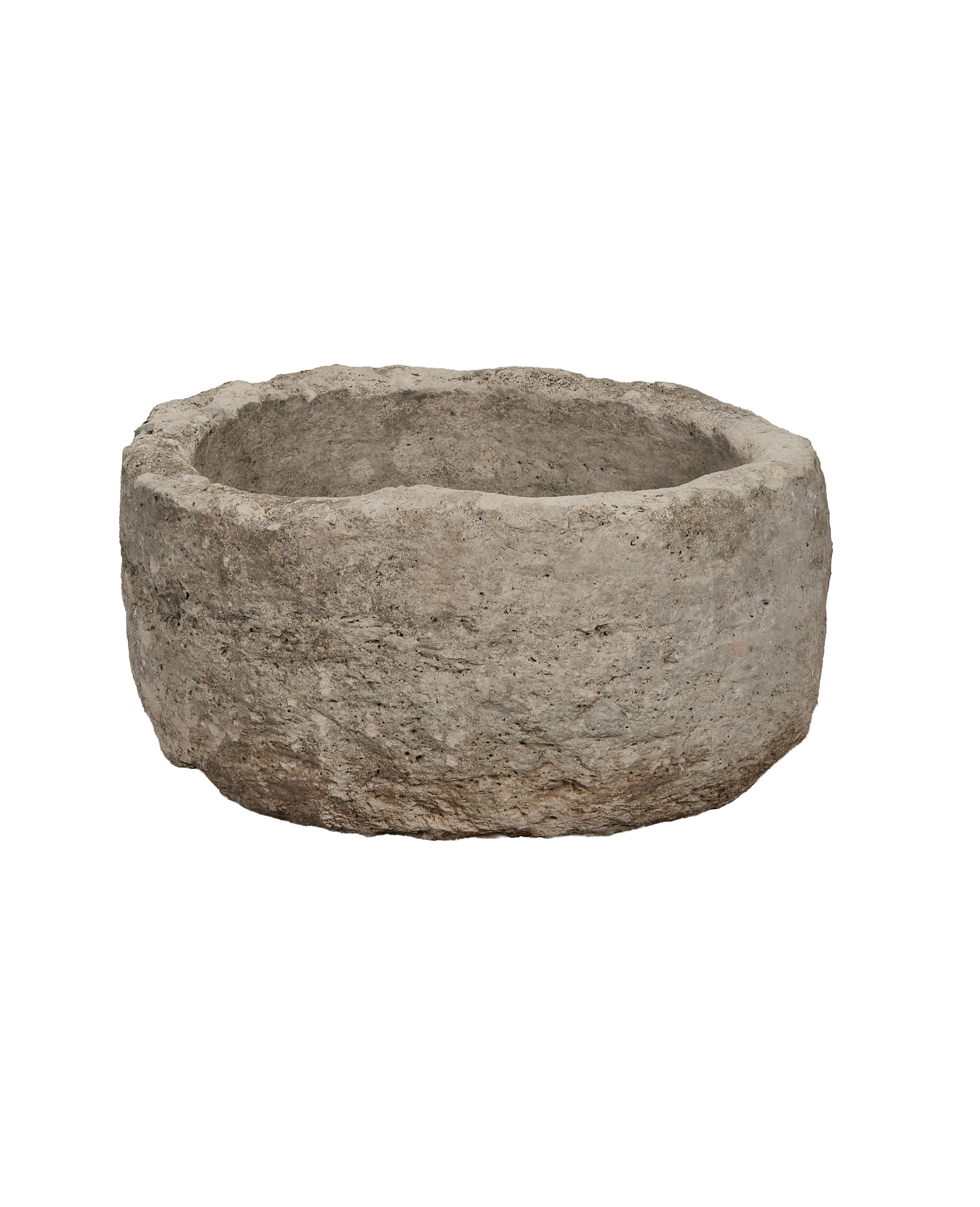 Vintage round Indonesian limestone trough, grey with natural oak-like texture.