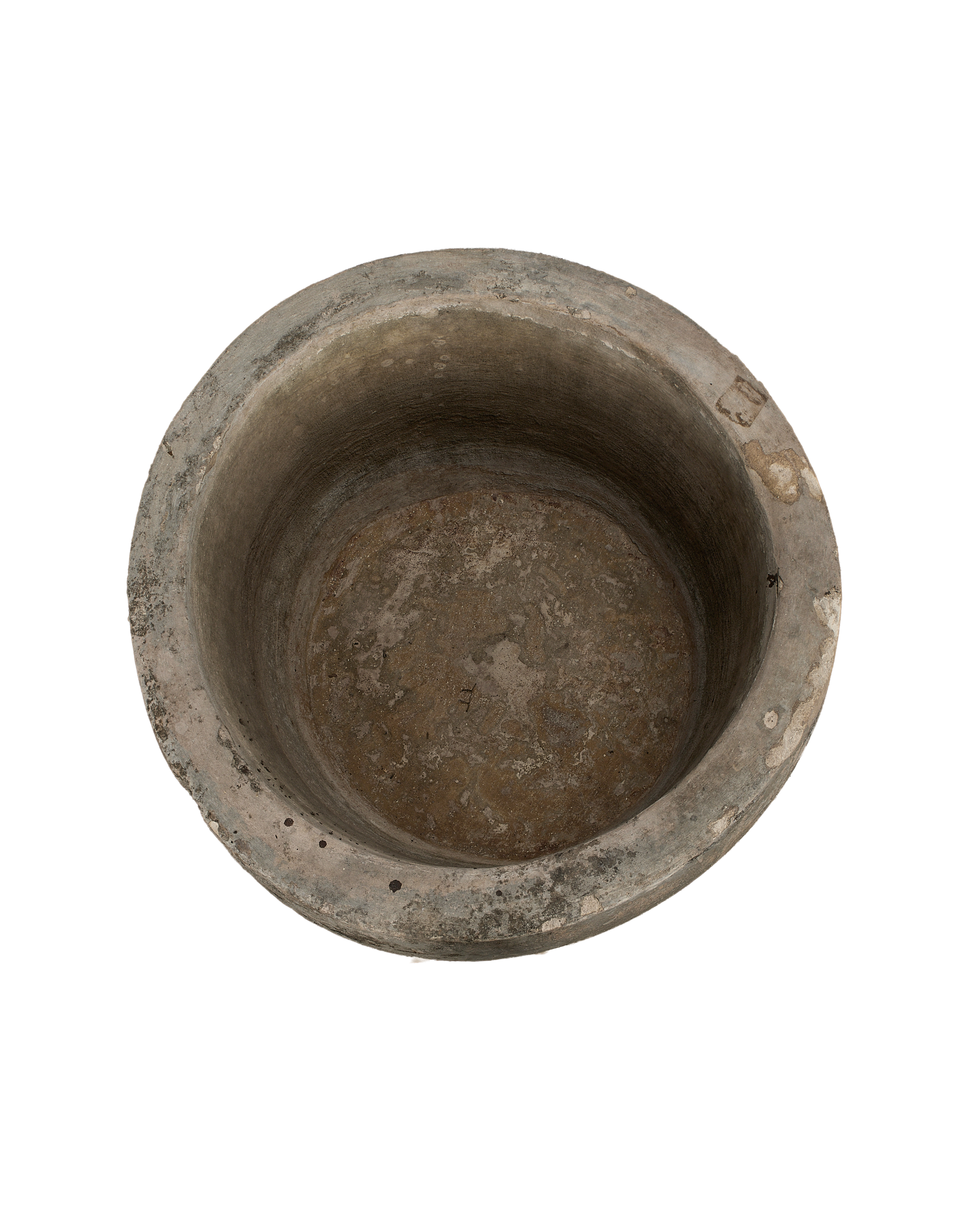 Vintage Indonesian round limestone trough, top-down view showing interior depth and weathered texture.
