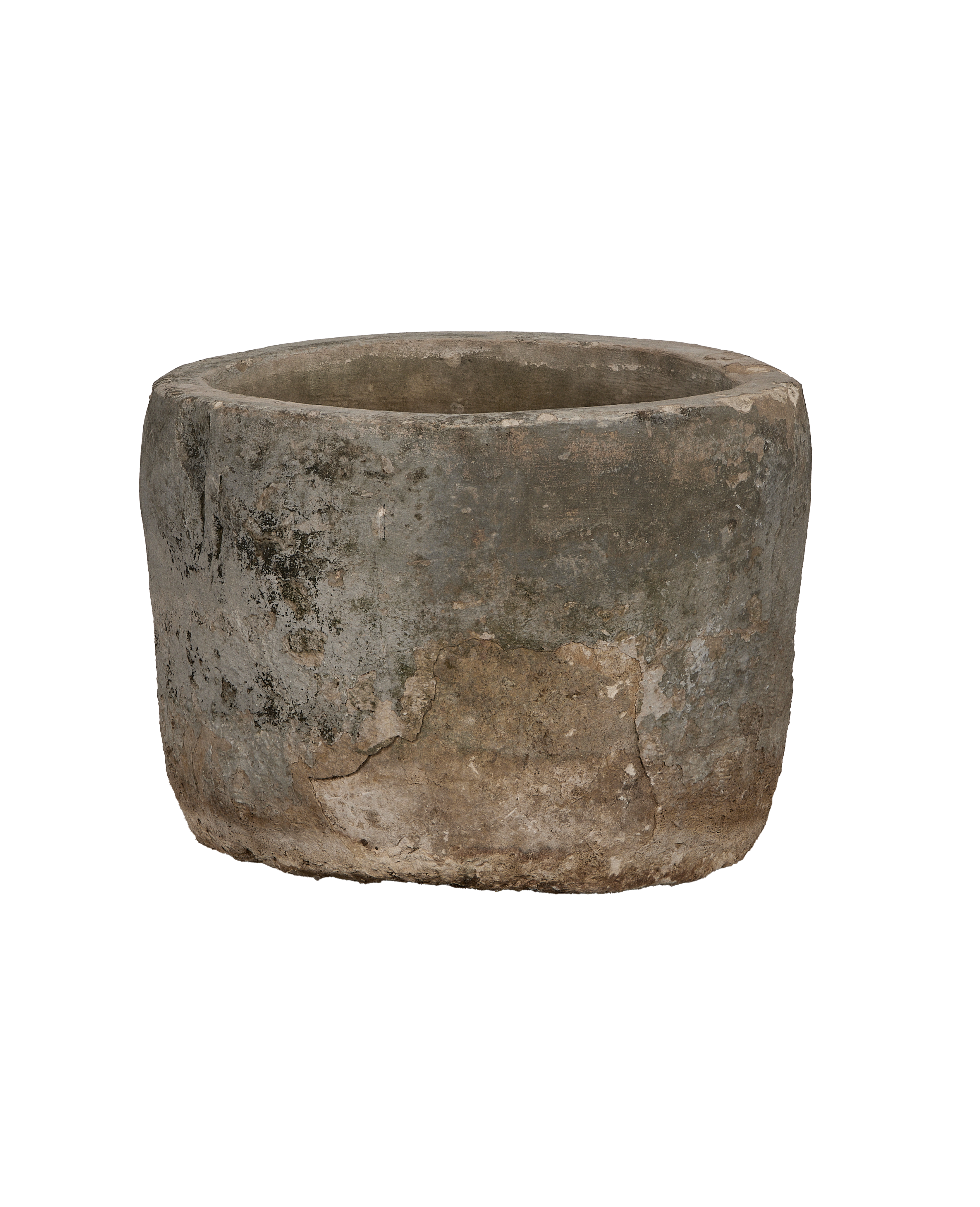 Vintage round Indonesian limestone trough, grey-brown distressed finish with rough texture showing on exterior.