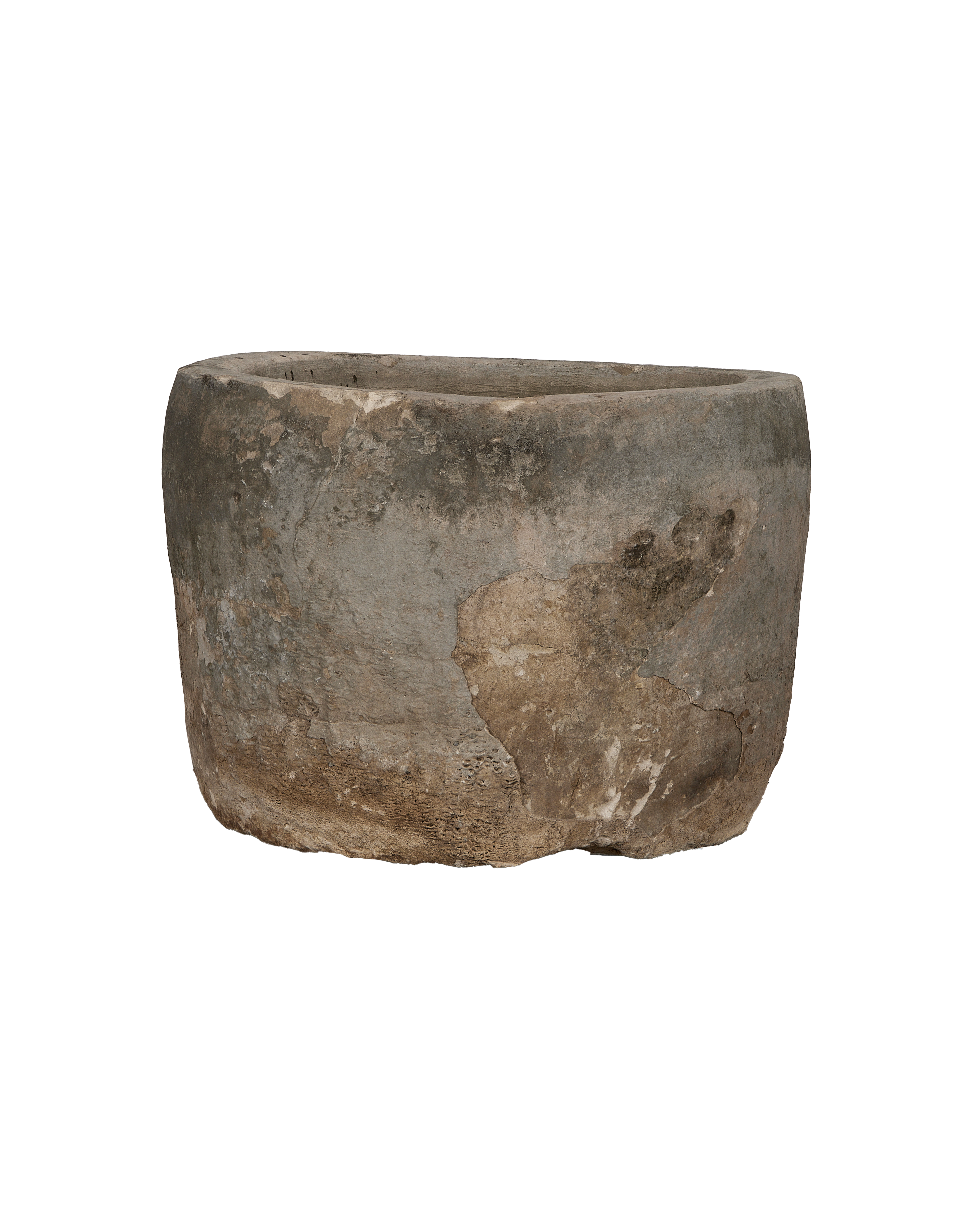 Vintage limestone trough from Indonesia, showing a side view with aged texture and imperfections.