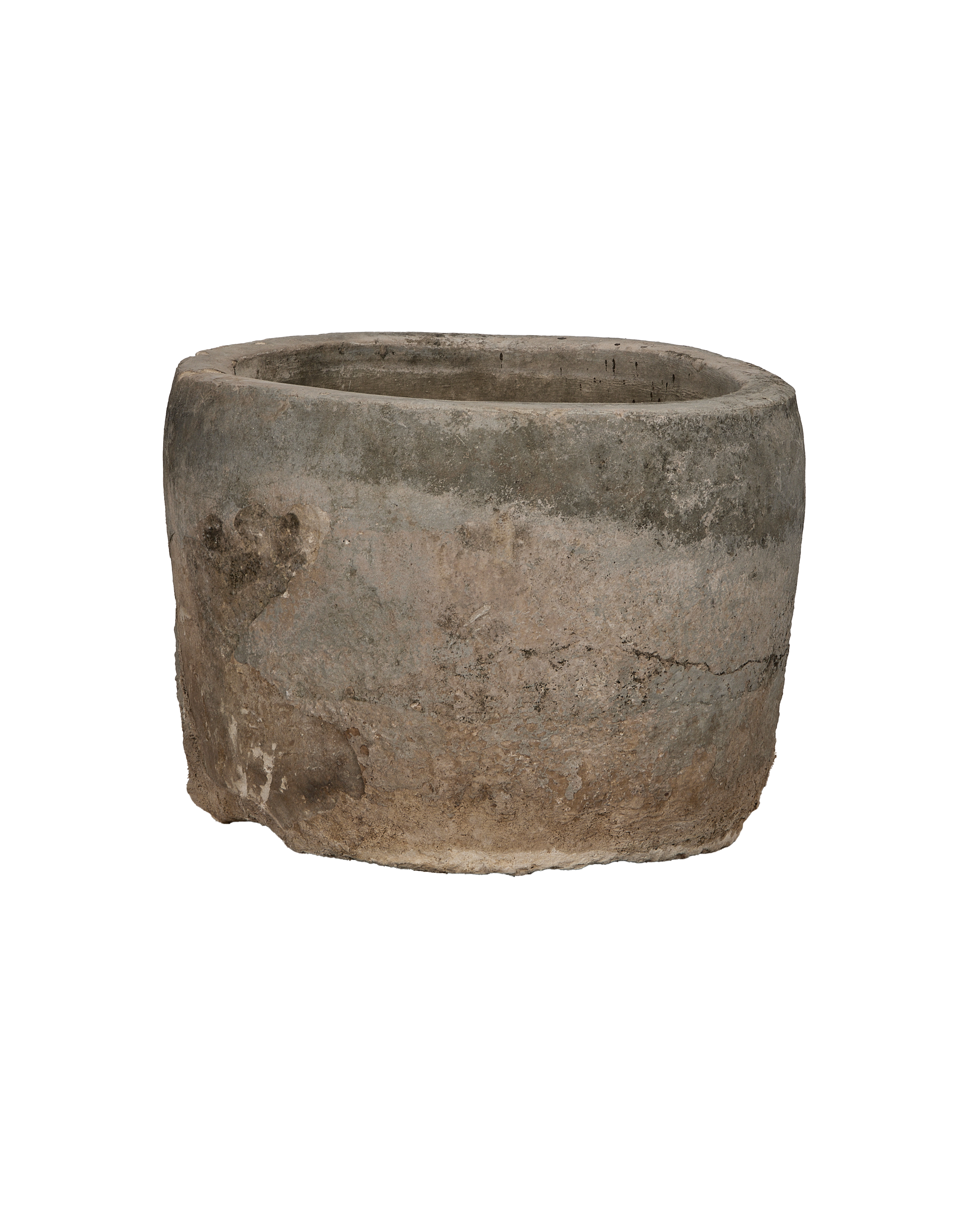 Vintage round limestone trough from Indonesia, showcasing weathered surface texture and imperfections.