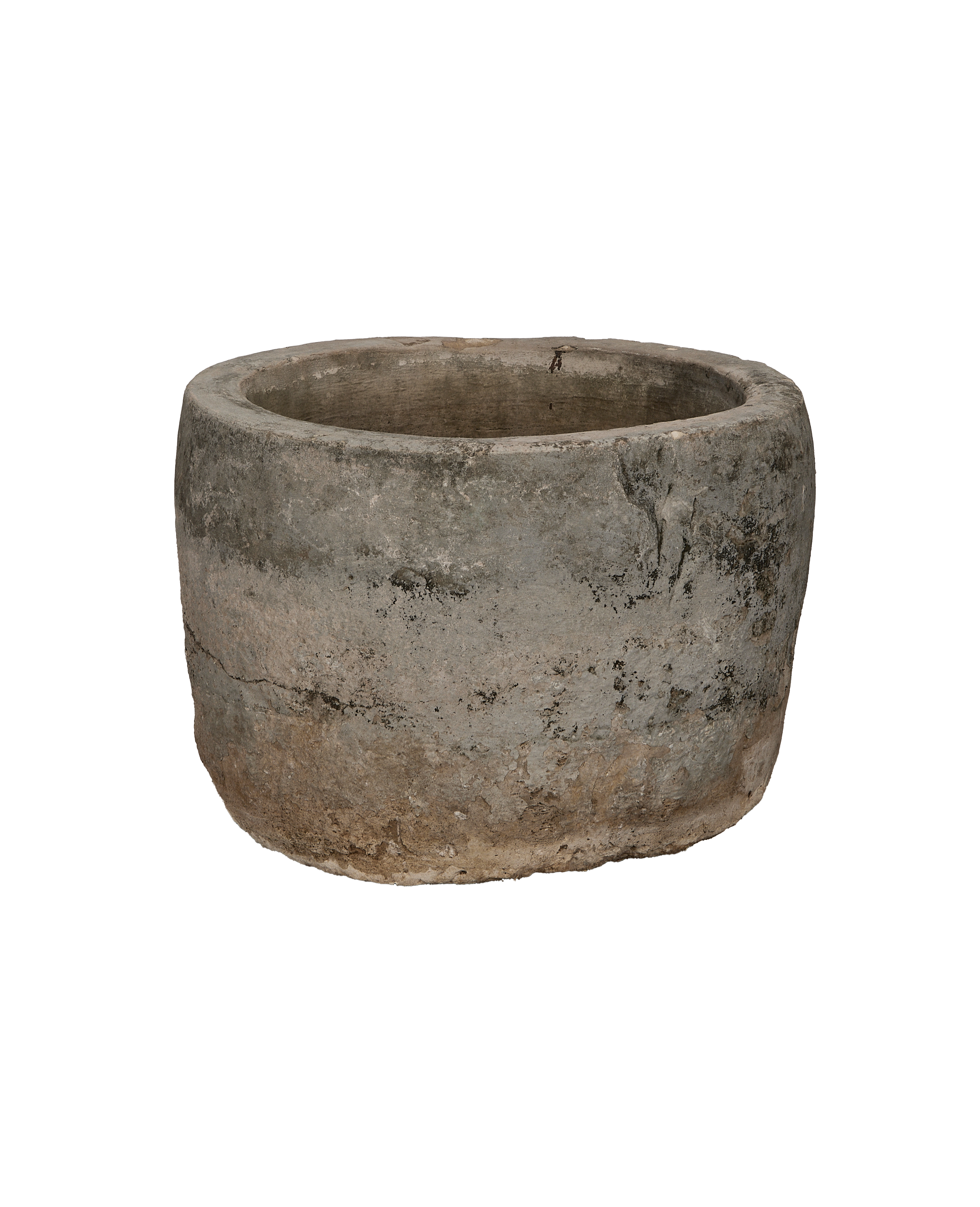 Vintage round limestone trough, subtle crack on lower left, aged Indonesian patina.