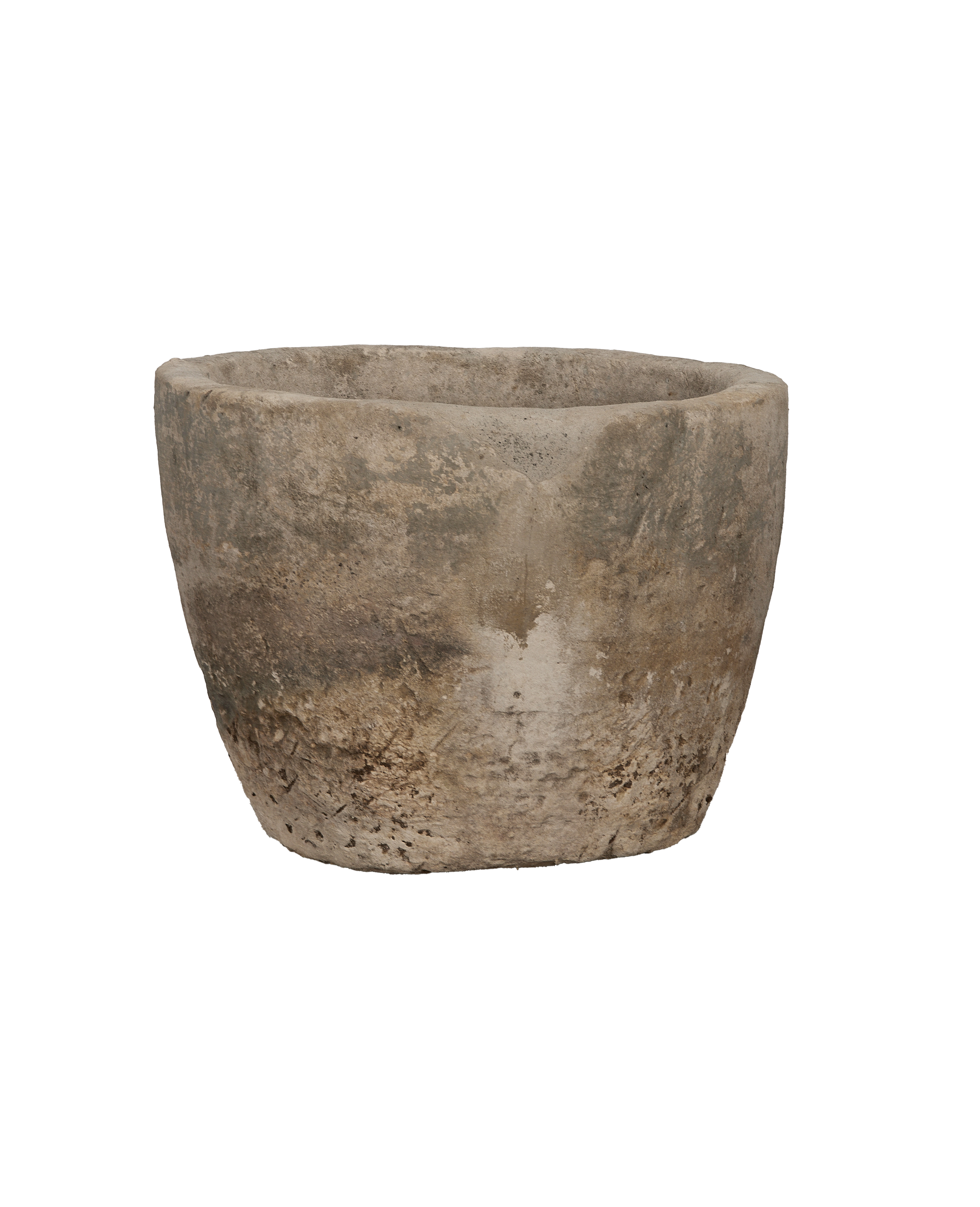 Vintage OAK Indonesian limestone trough, round, aged rough texture, main view.