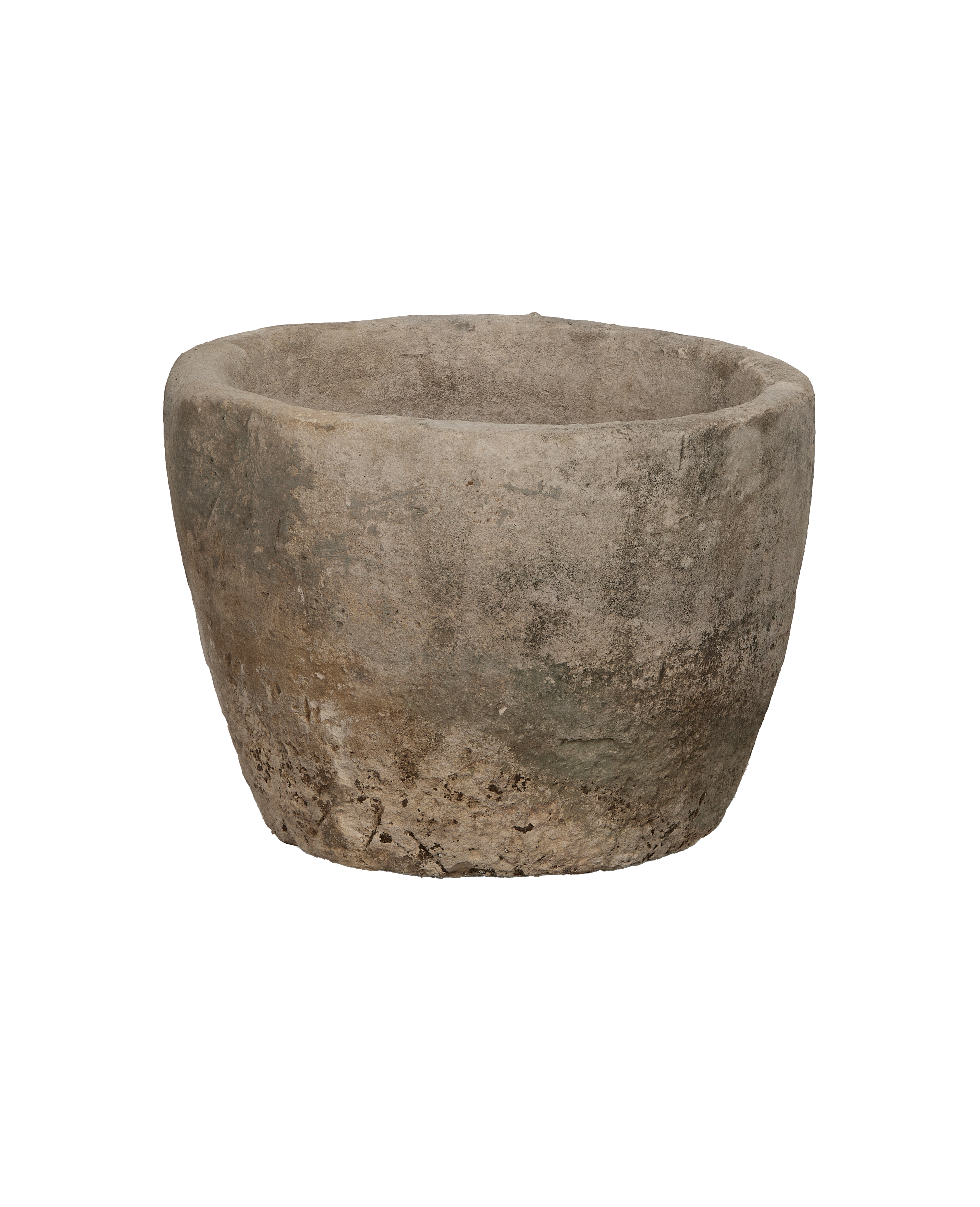 Vintage Indonesian Round Limestone Trough, weathered pale grey surface, showing natural texture and rim detail.