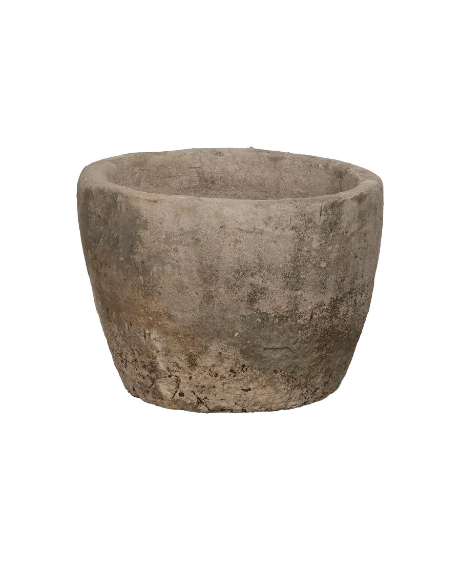 Vintage Indonesian Round Limestone Trough, weathered pale grey surface, showing natural texture and rim detail.