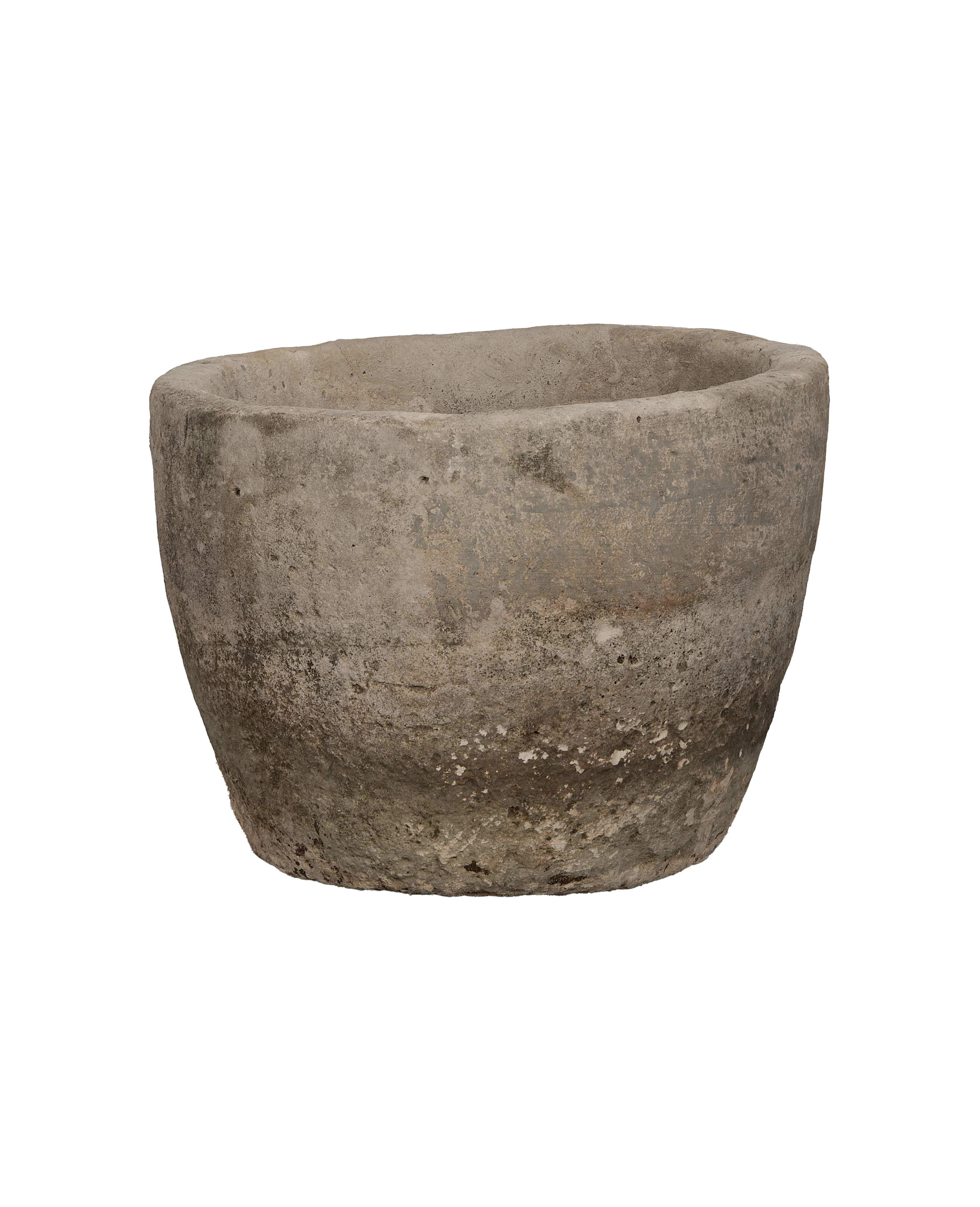 Vintage limestone trough, round, showing detailed side texture and natural aged patina.