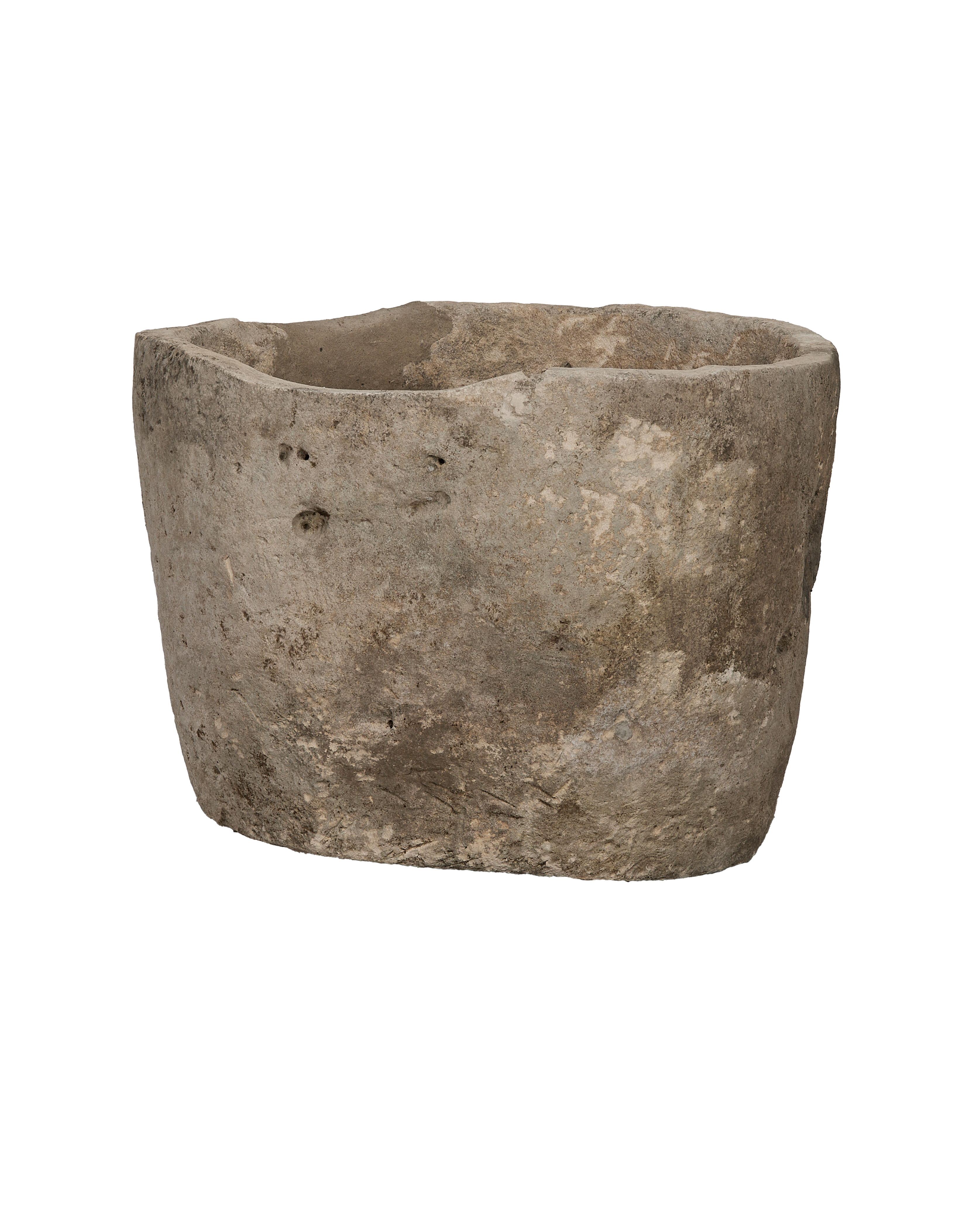 Vintage round limestone trough, aged grey with rough texture from Indonesia.