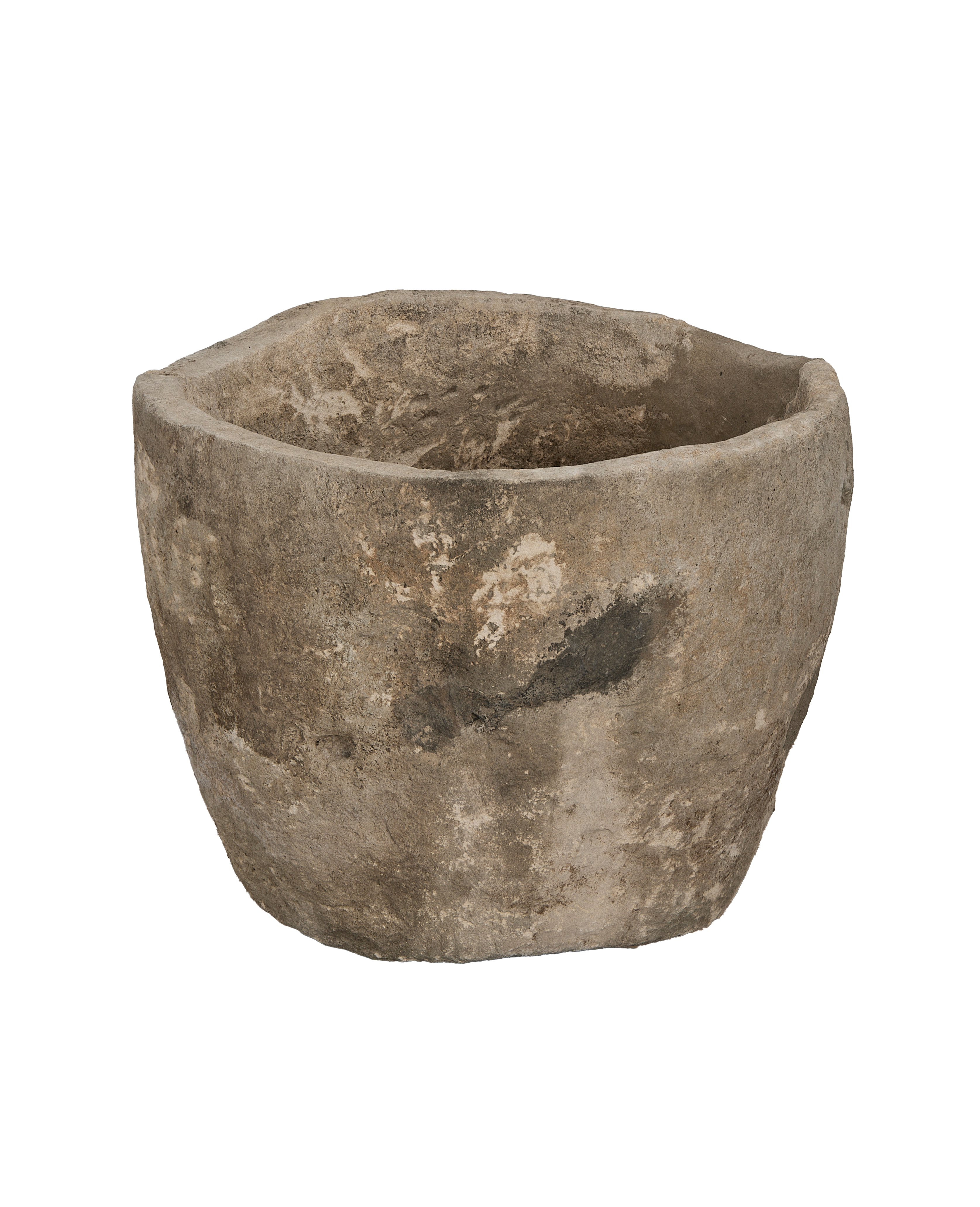 Vintage round Indonesian limestone trough, showing distressed texture and natural patina.