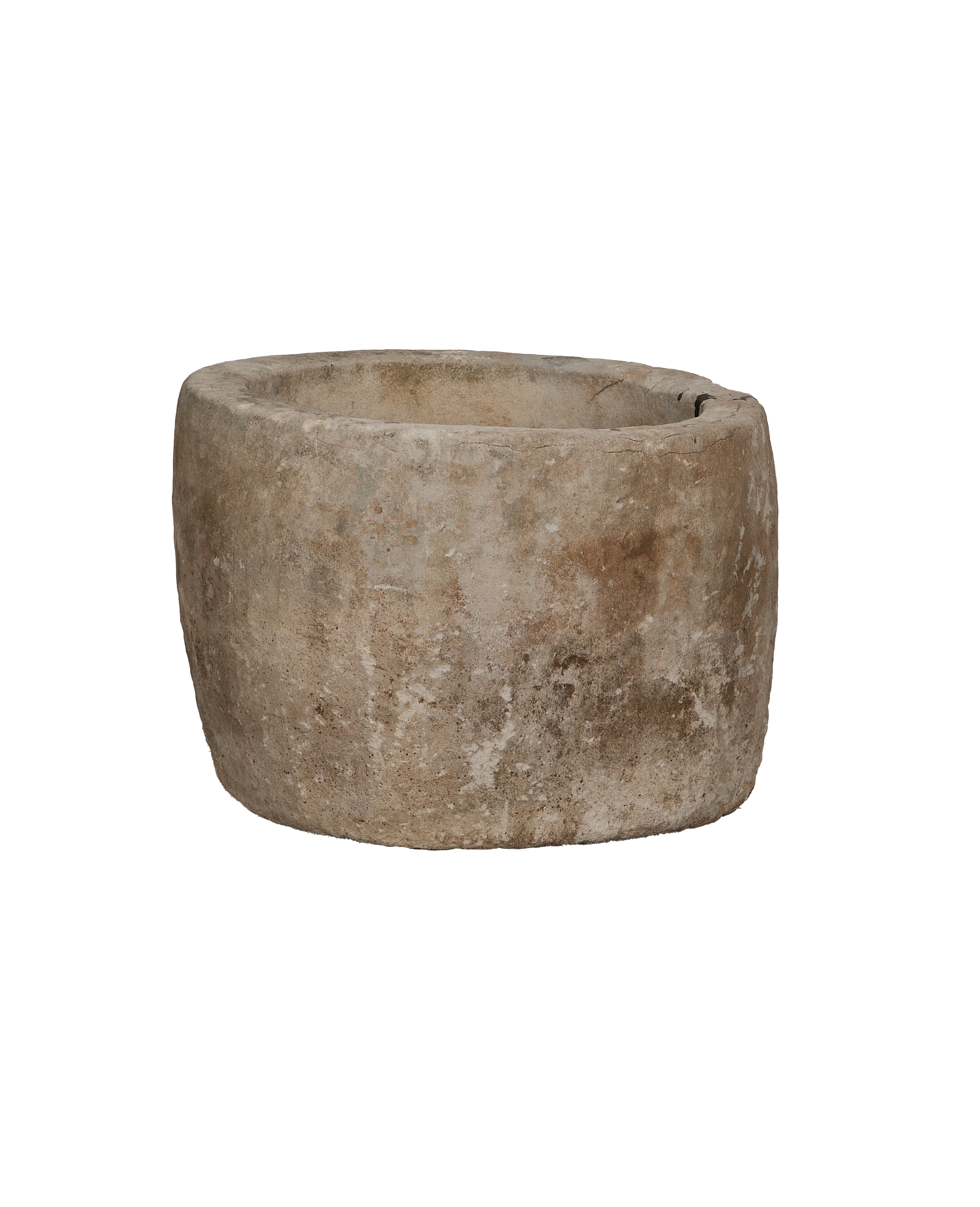 Round vintage Indonesian limestone trough, showing weathered texture and natural imperfections from above.