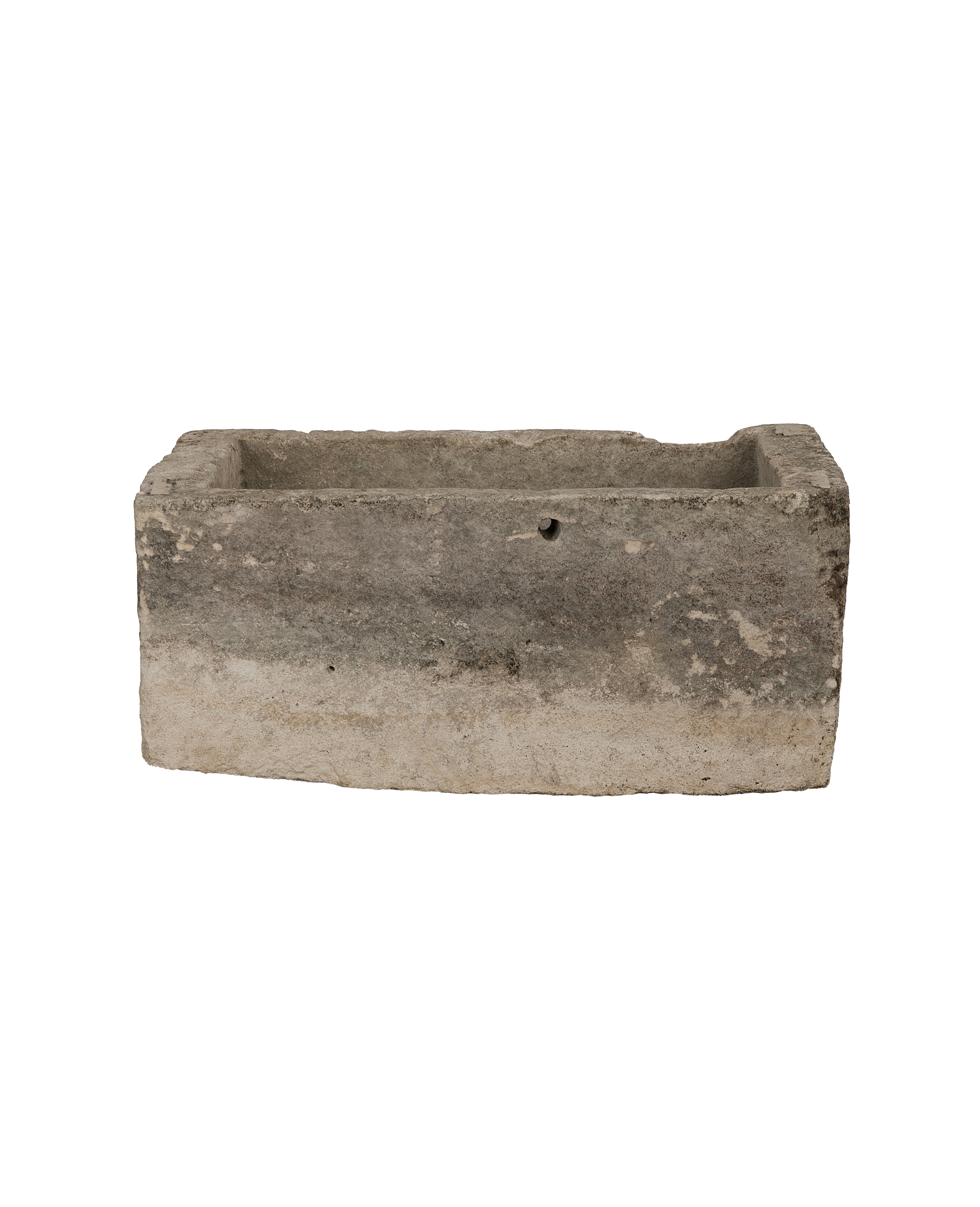 Vintage Indonesia limestone rectangular trough, weathered gray texture, and single drainage hole, ideal for garden.