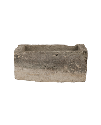 Vintage Indonesia limestone rectangular trough, weathered gray texture, and single drainage hole, ideal for garden.