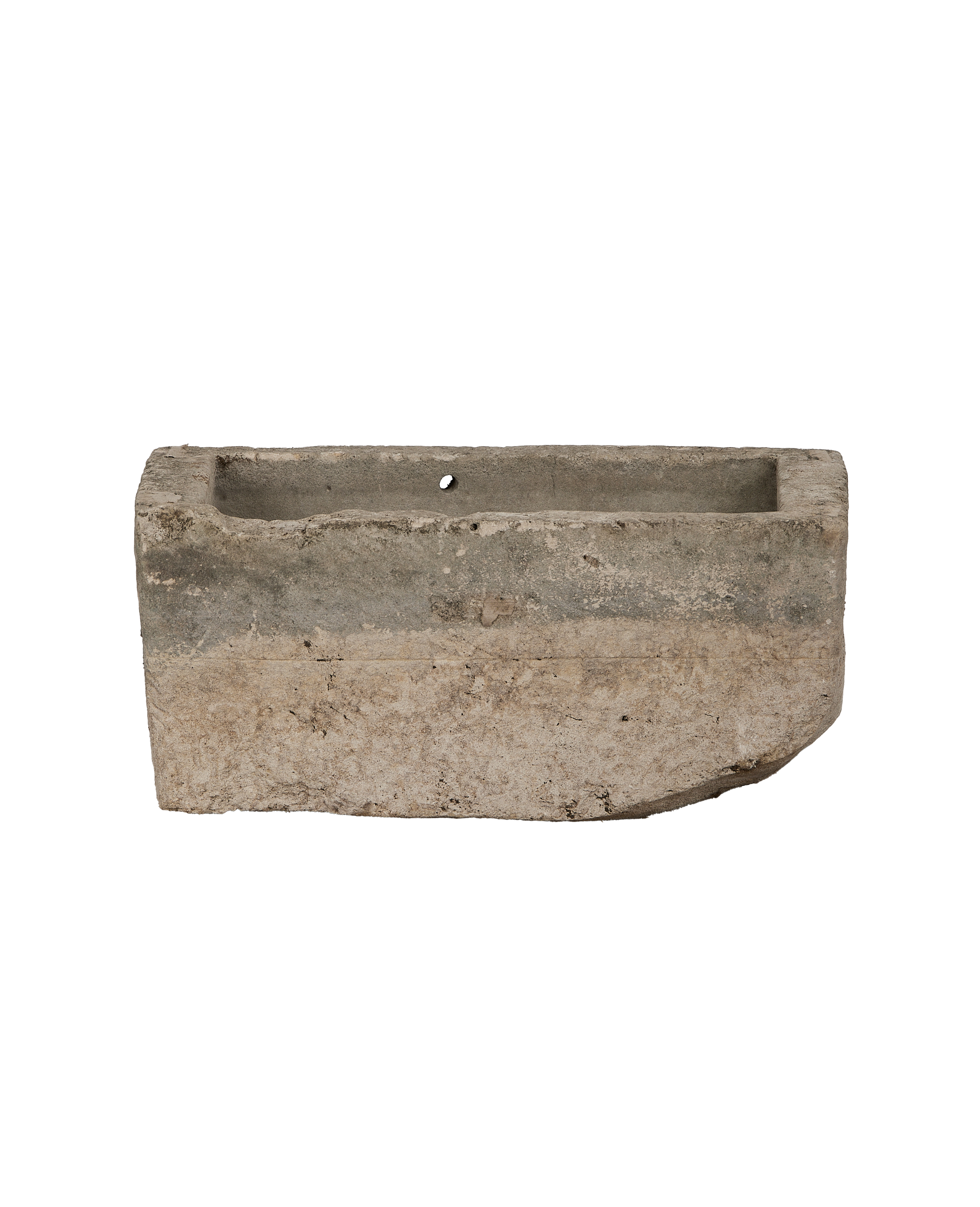 Vintage Indonesian limestone trough, rectangular, showcasing worn texture and upper drainage hole.