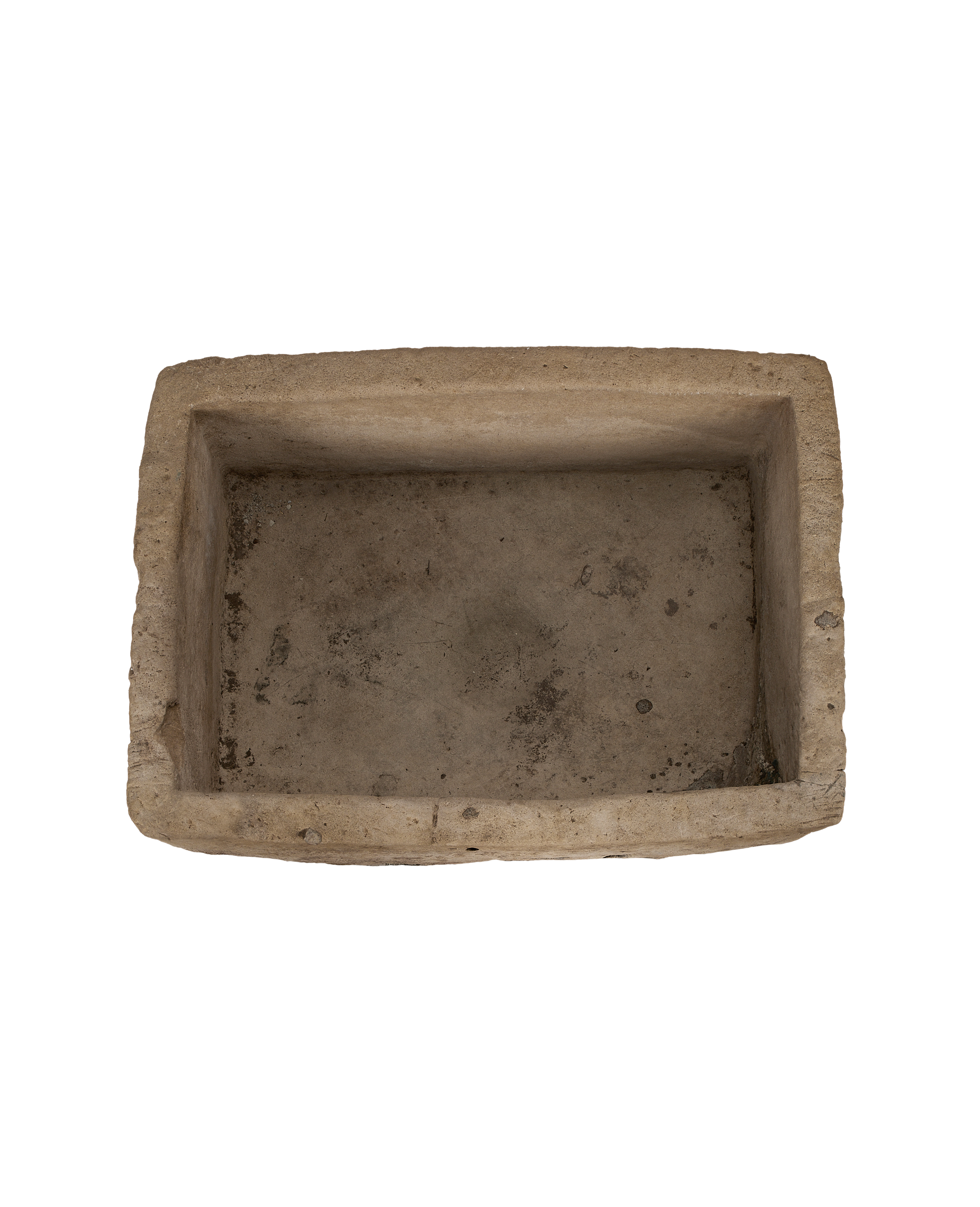Vintage rectangular limestone trough, overhead view highlighting the textured, worn interior surface.